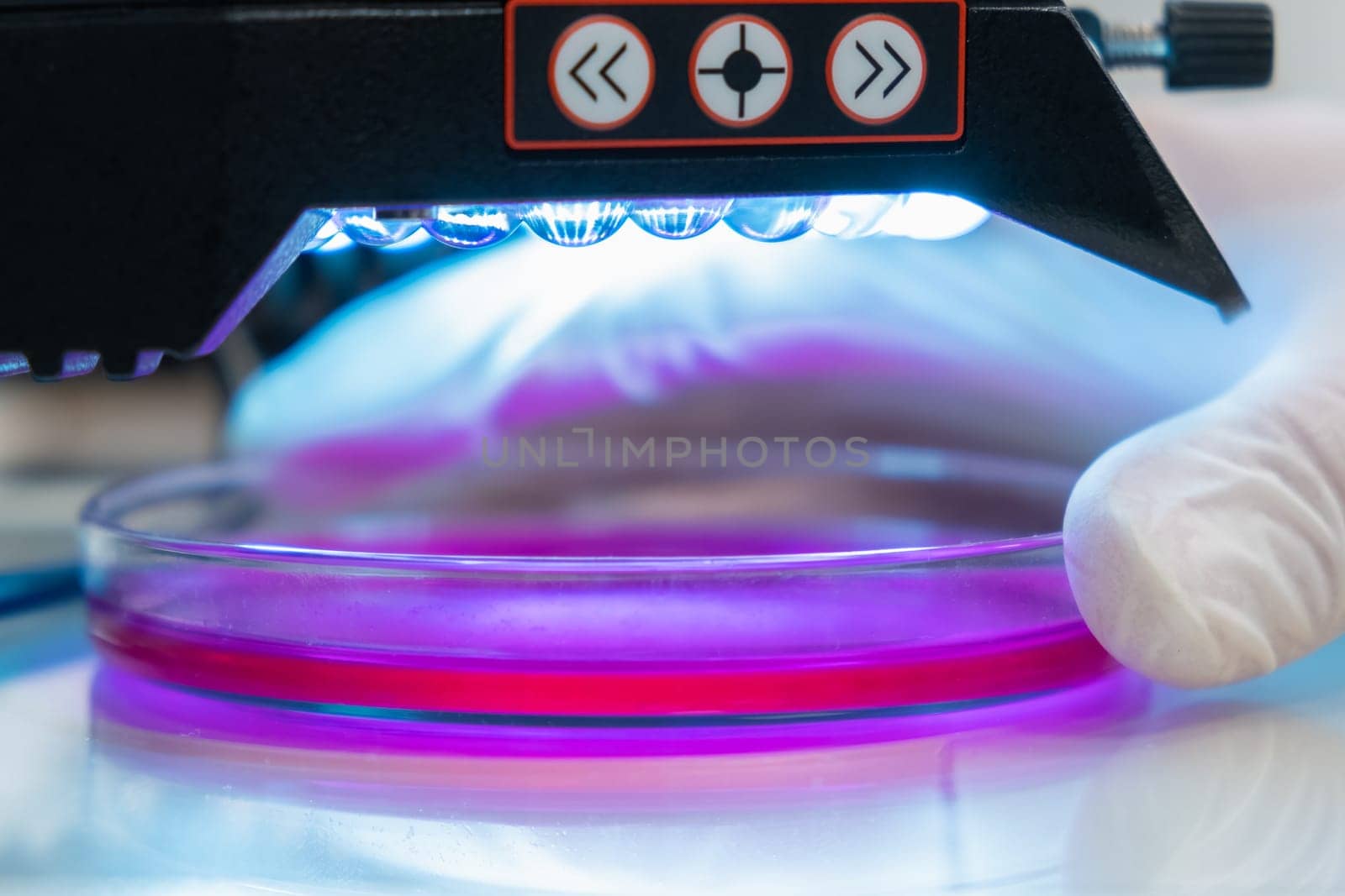 Microscope in a medical research center for analyzing sample. Scientist in rubber gloves testing samples in microchemical laboratory