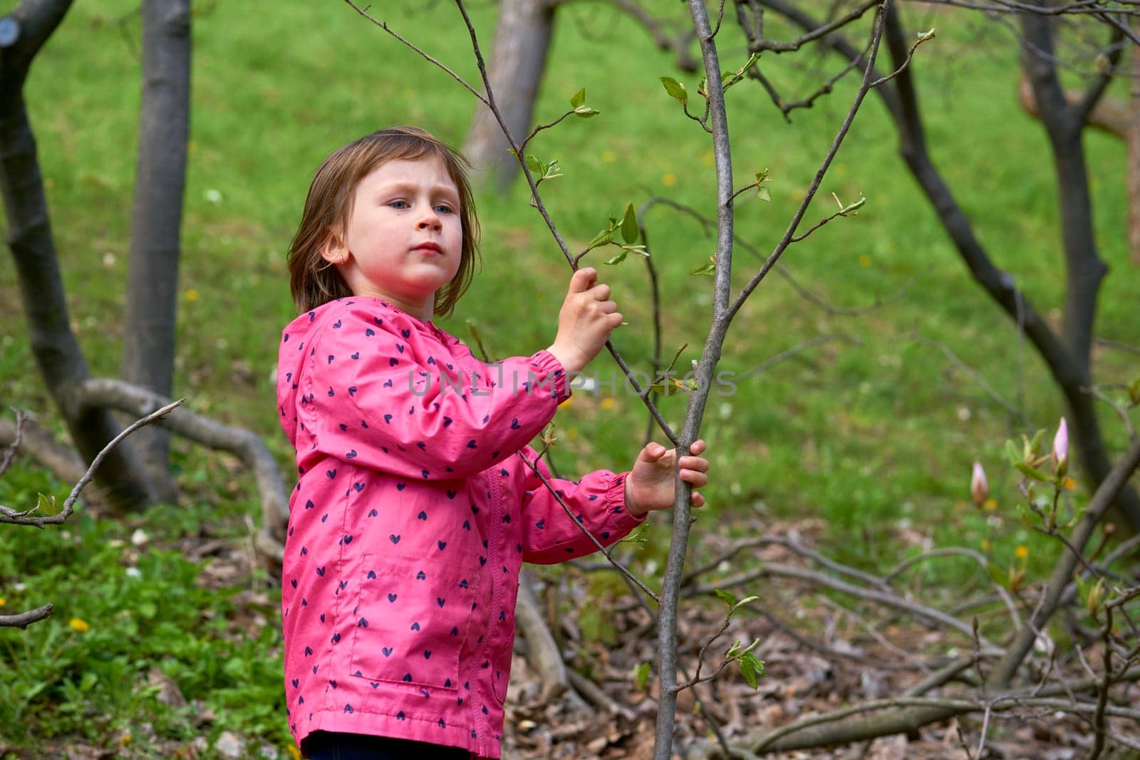 Serious cute dreaming girl child walks among the trees in the green park by jovani68