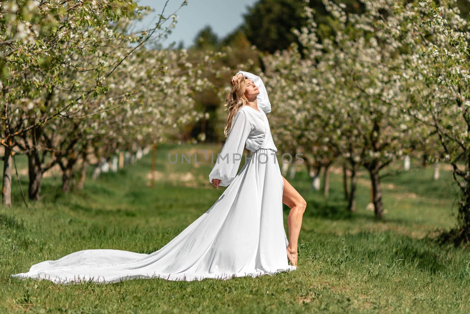 Blond blooming garden. A woman in a white dress walks through a blossoming cherry orchard. Long dress flies to the sides, by Matiunina