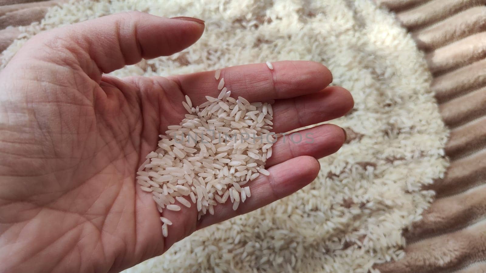 White cereals rice and hand of woman in it. Food for background and texture. Product and food which can be stored for a long time. Partial focus