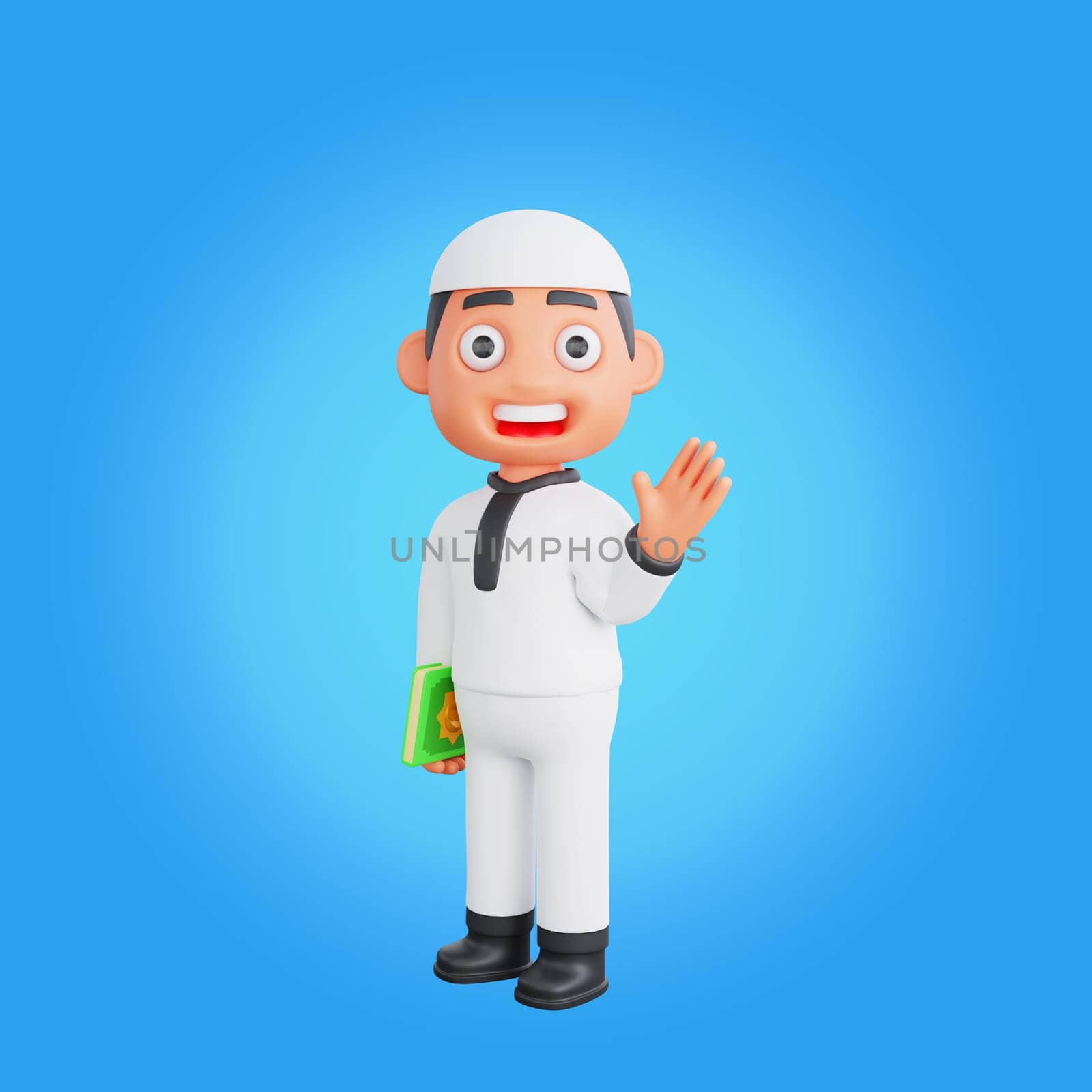 3D Rendering of a Muslim Character with the Greeting Gesture of Hello while Holding the Quran