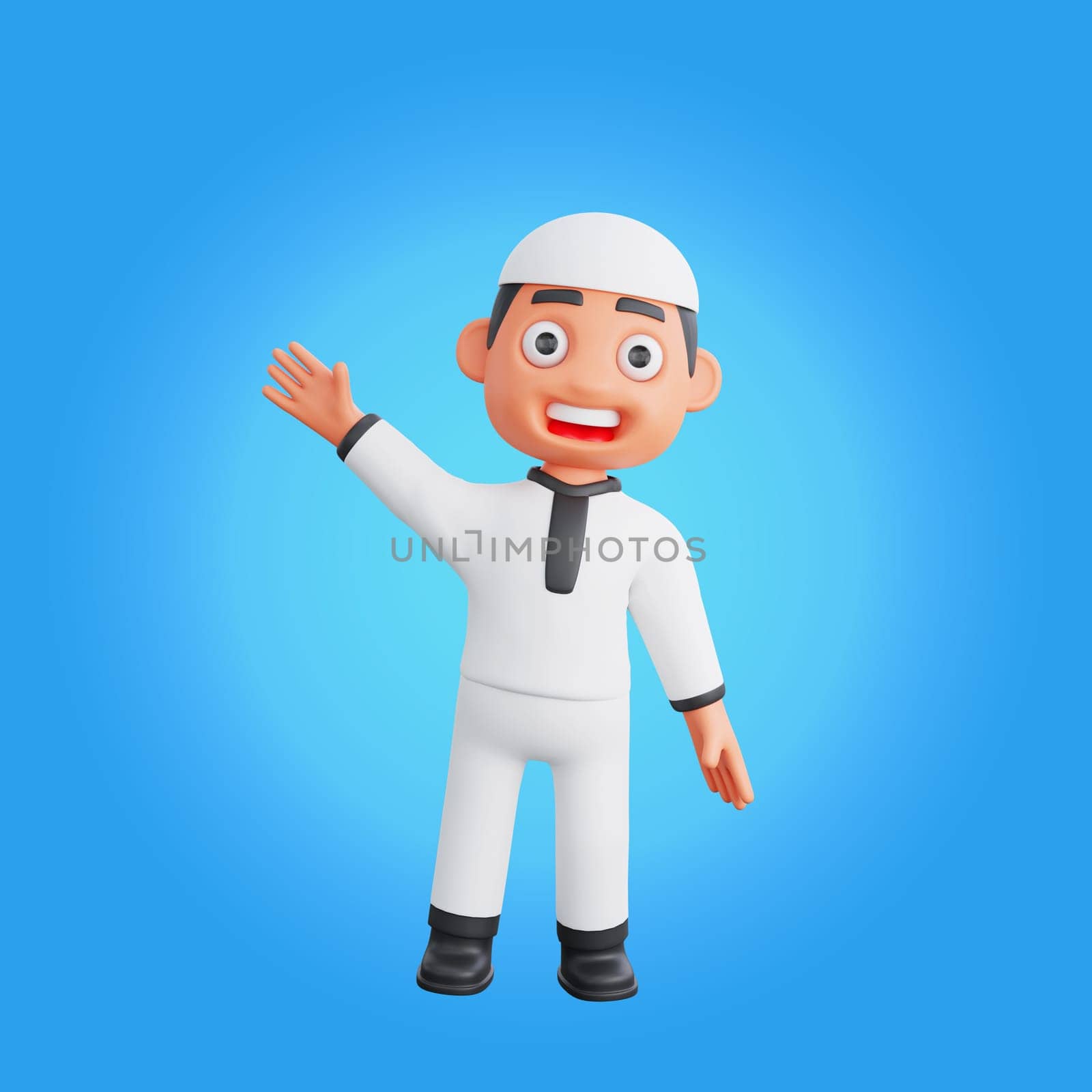 3D Rendering of a Muslim Character with the Greeting Gesture of Hello