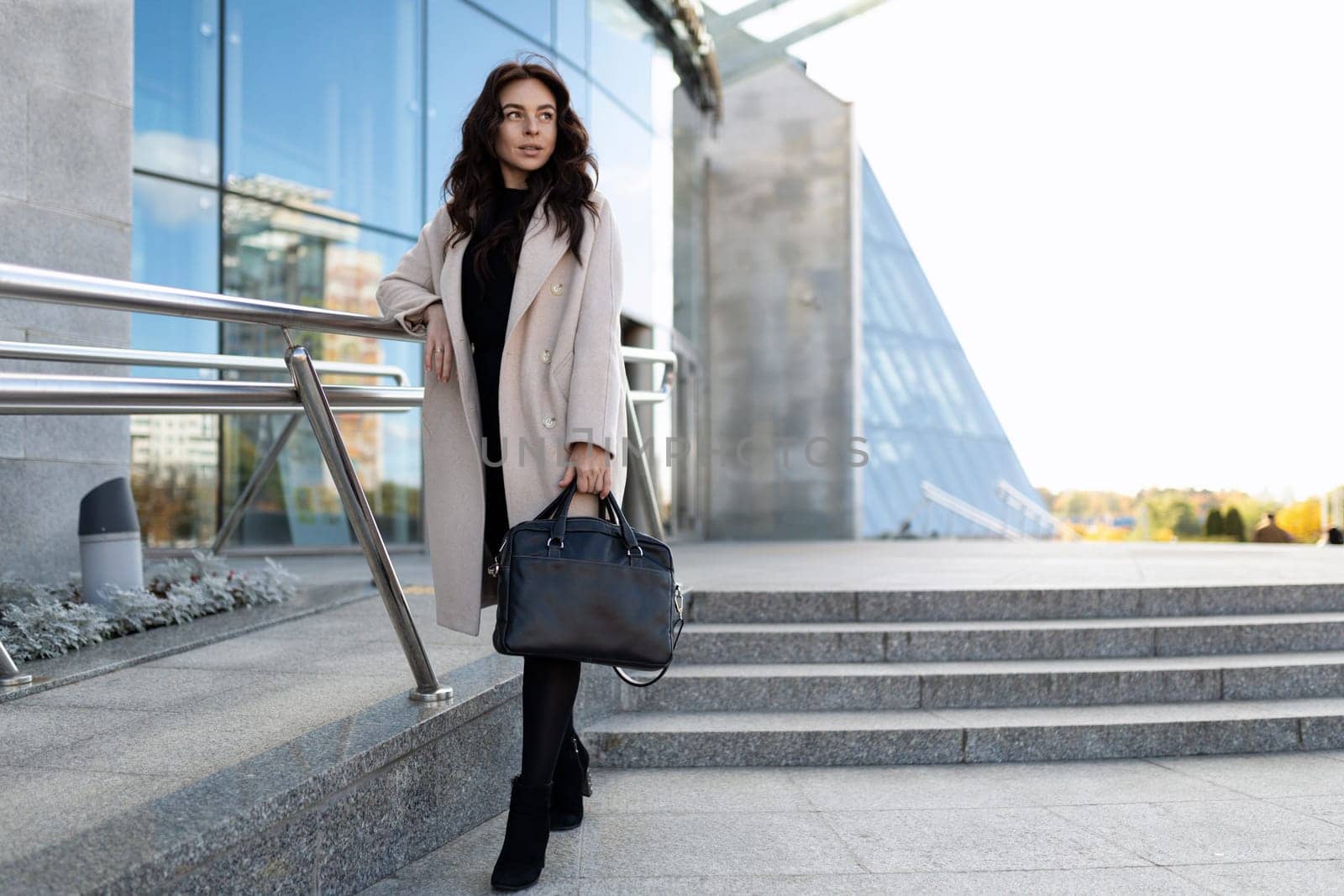 stylish businesswoman with a briefcase in her hands on the background of the office center.