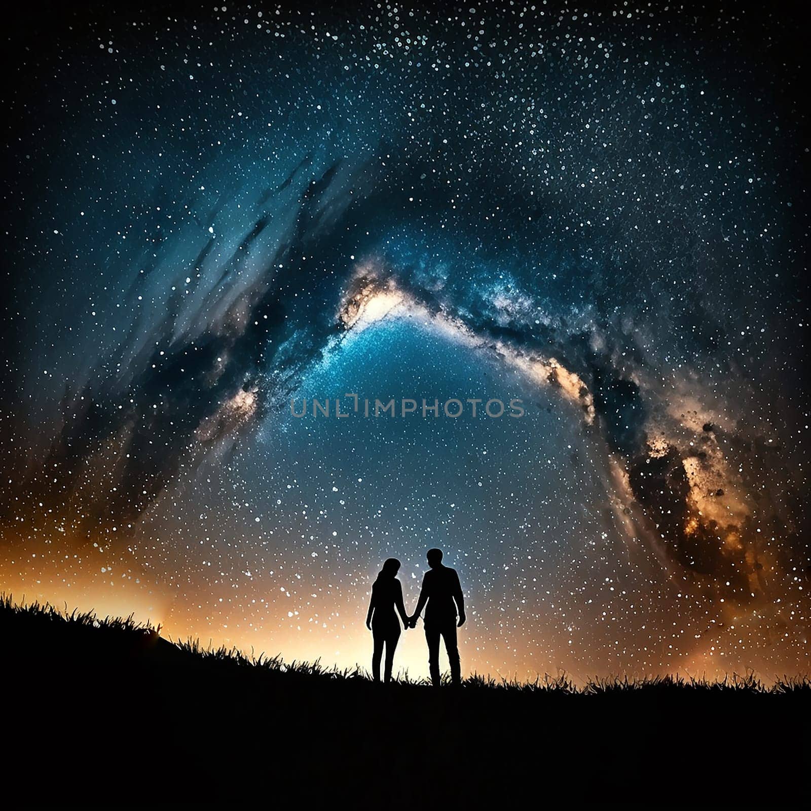 Silhouette of young couple under stars. standing in meadow by night under the galaxy The concept on the theme of love. Elements of this image Generative AI by Annebel146