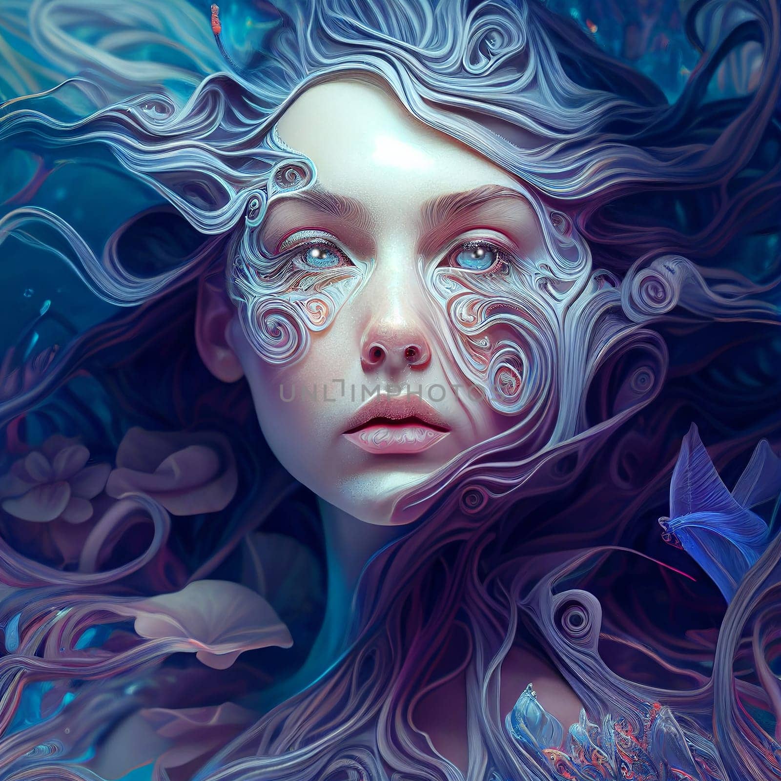Beautiful mermaid, ocean witch, slim blue mermaid with long hair. Painting, concept art, cinematic light, background, wallpaper, illustration fantasy portrait generative AI by Annebel146