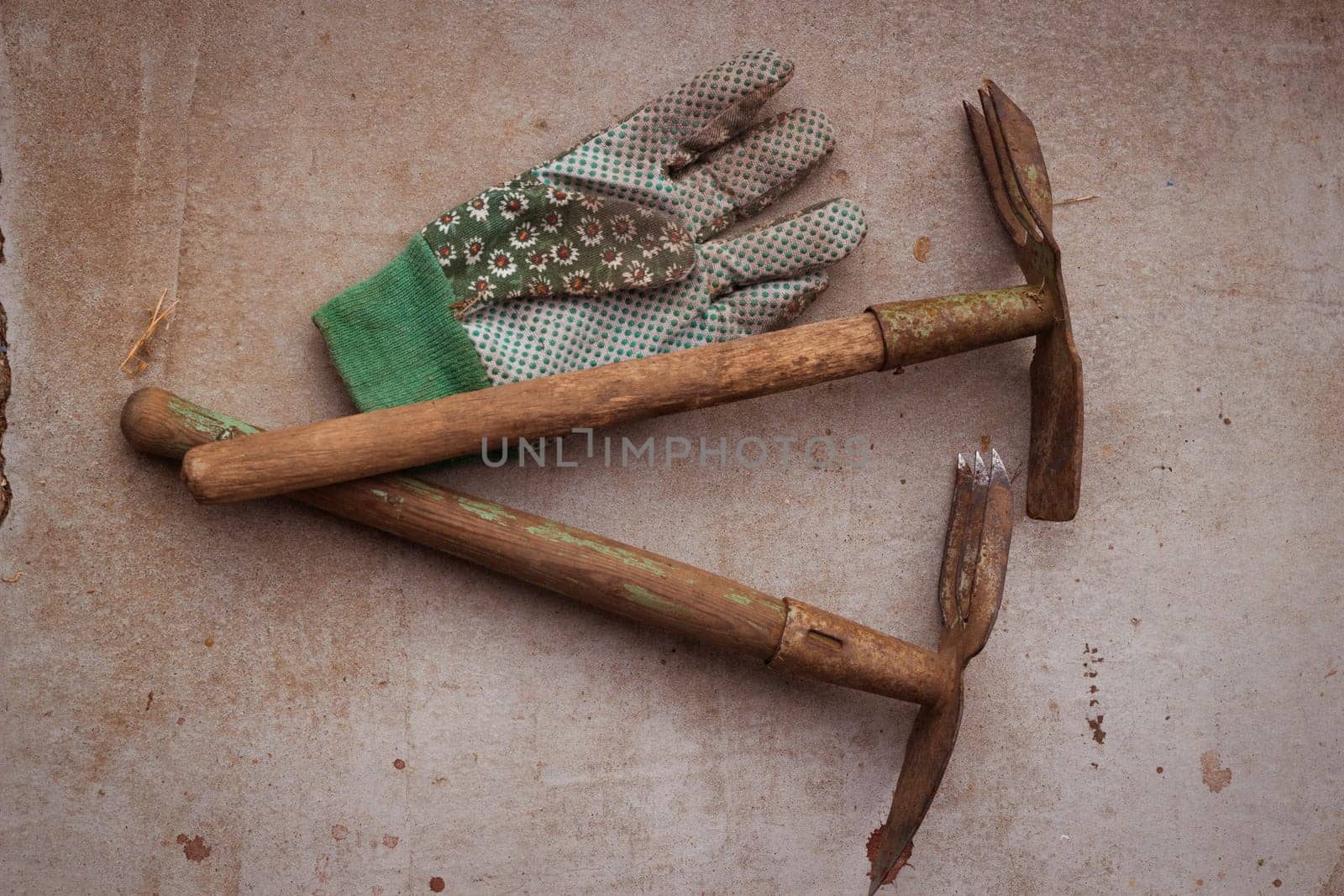 Tools for farming hoe chopper and mittens. On by electrovenik