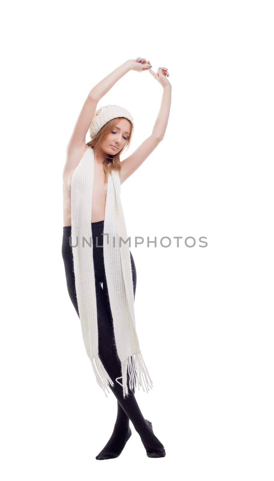 Image of pretty young model posing in winter clothes, isolated on white