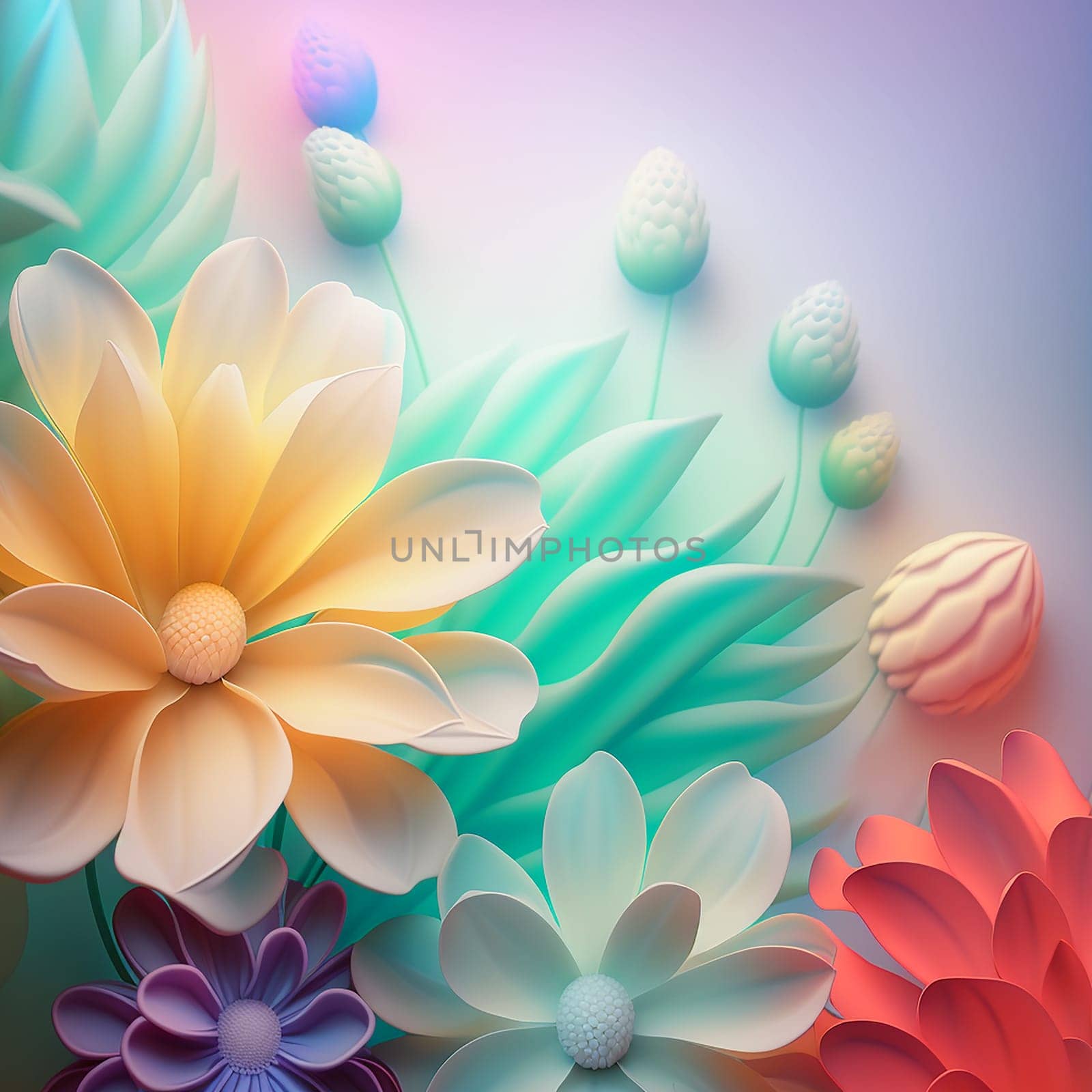 Soft floral design flowers in pastel tones for background,Copy space for text, 3d design, modern colorful style beautiful flowers generated AI