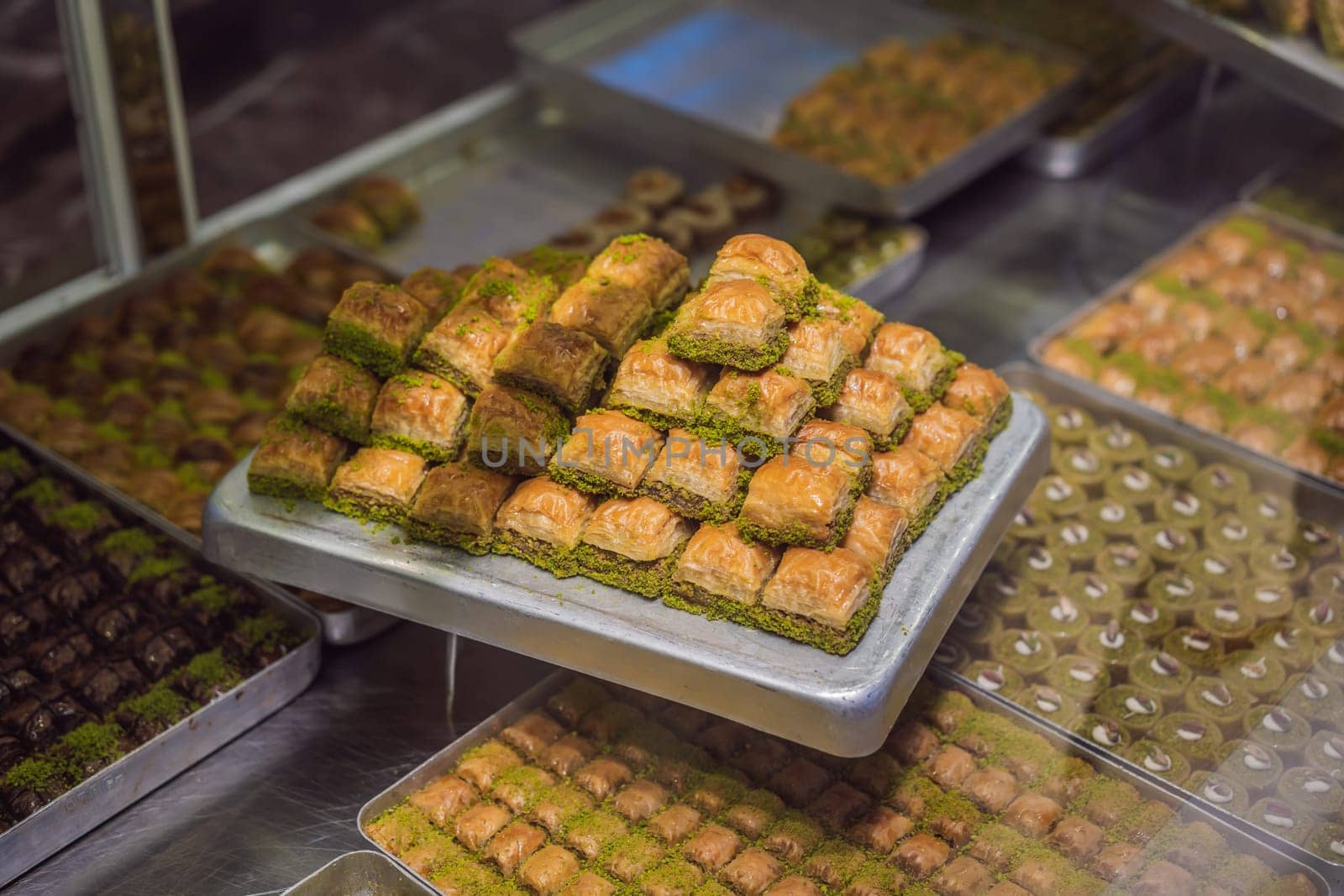 Traditional oriental sweet pastry cookies, nuts, dried fruits, pastilles, marmalade, Turkish desert with sugar, honey and pistachio, in display at a street food market.