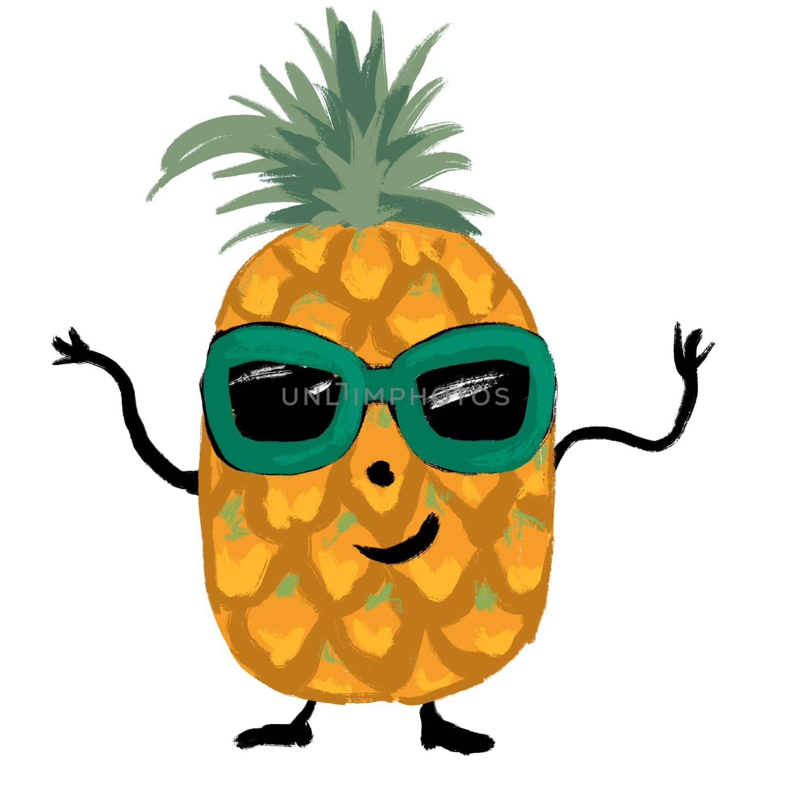 Hand drawn illsutration of funny fruit pineapple in sunglasses, summer cute character. Cartoon design for children kids human-like kawaii food, tasty dessert snack eating