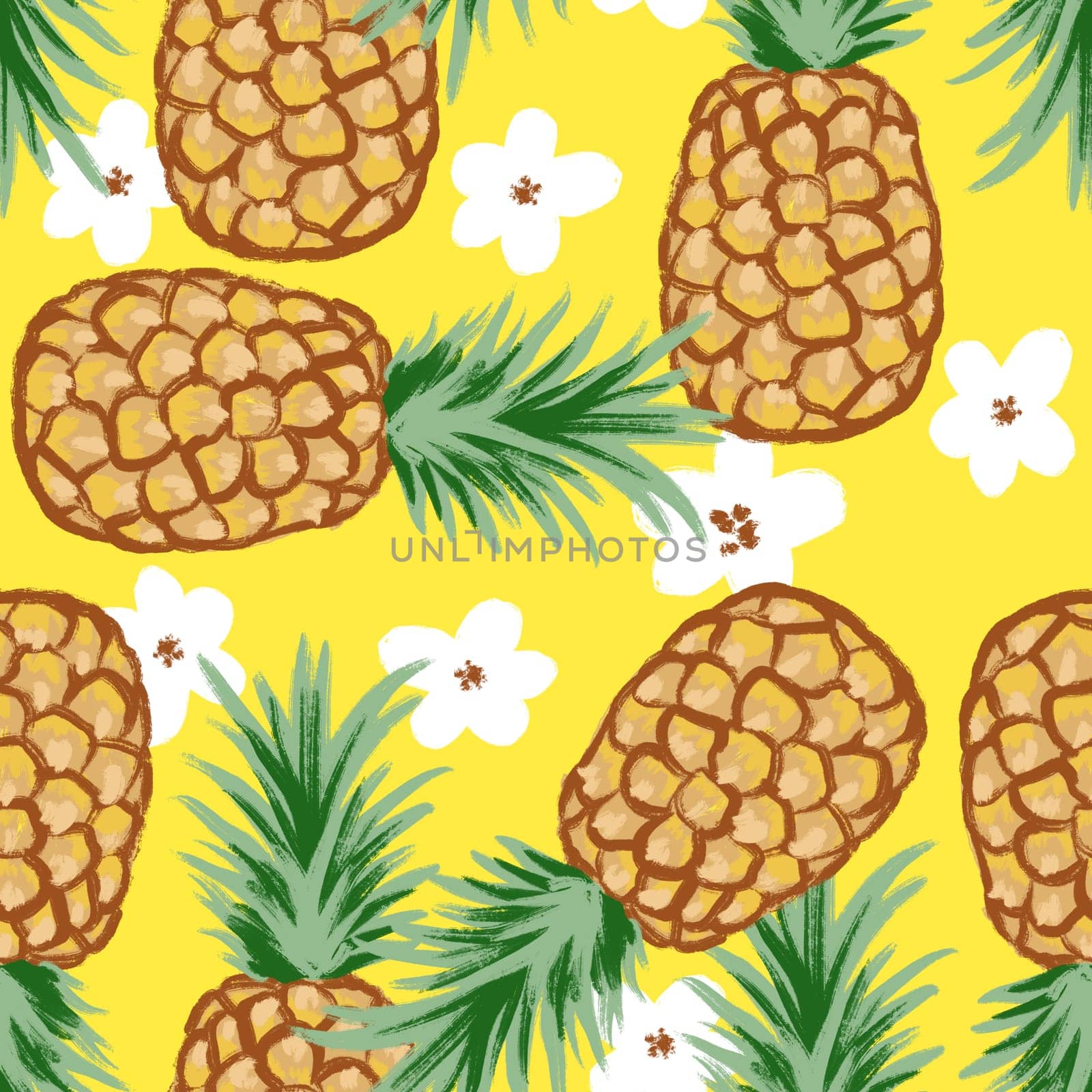 Hand drawn seamless pattern of fruit pineapple tropical jungle, summer cute character. Cartoon yellow design for children kids human-like kawaii food, tasty dessert snack eating, retro vintage. by Lagmar