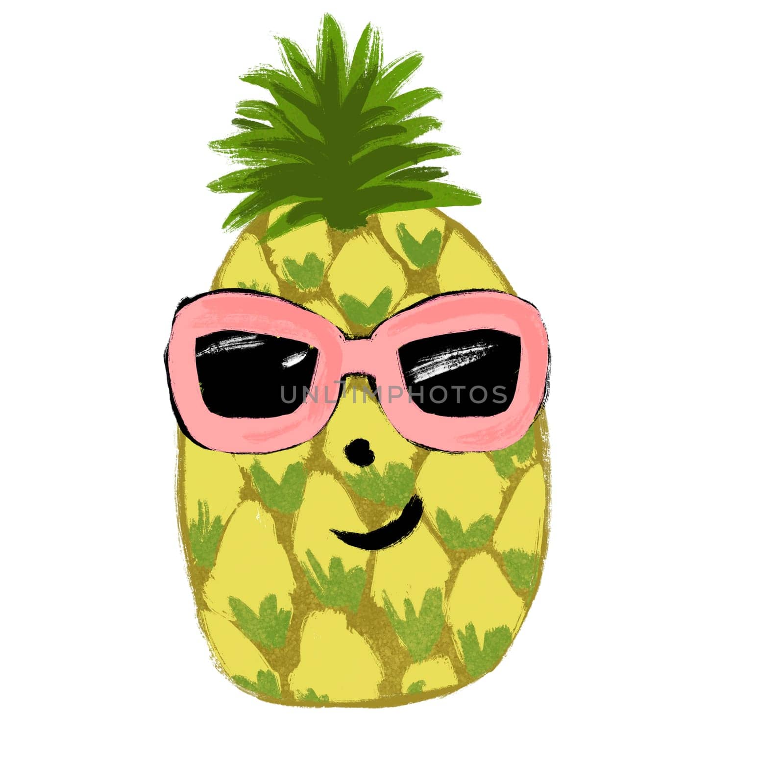 Hand drawn illustration of funny fruit pineapple in sunglasses, summer cute character. Cartoon design for children kids human-like kawaii food, tasty dessert snack eating. by Lagmar