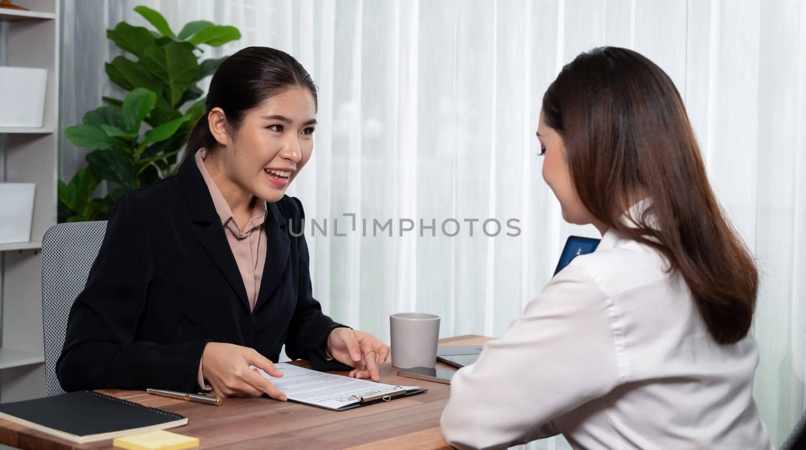 Business deal meeting, young businesswomen carefully reviewing terms and condition of contract agreement papers in office. Corporate lawyer give consultation on contract deal. Enthusiastic