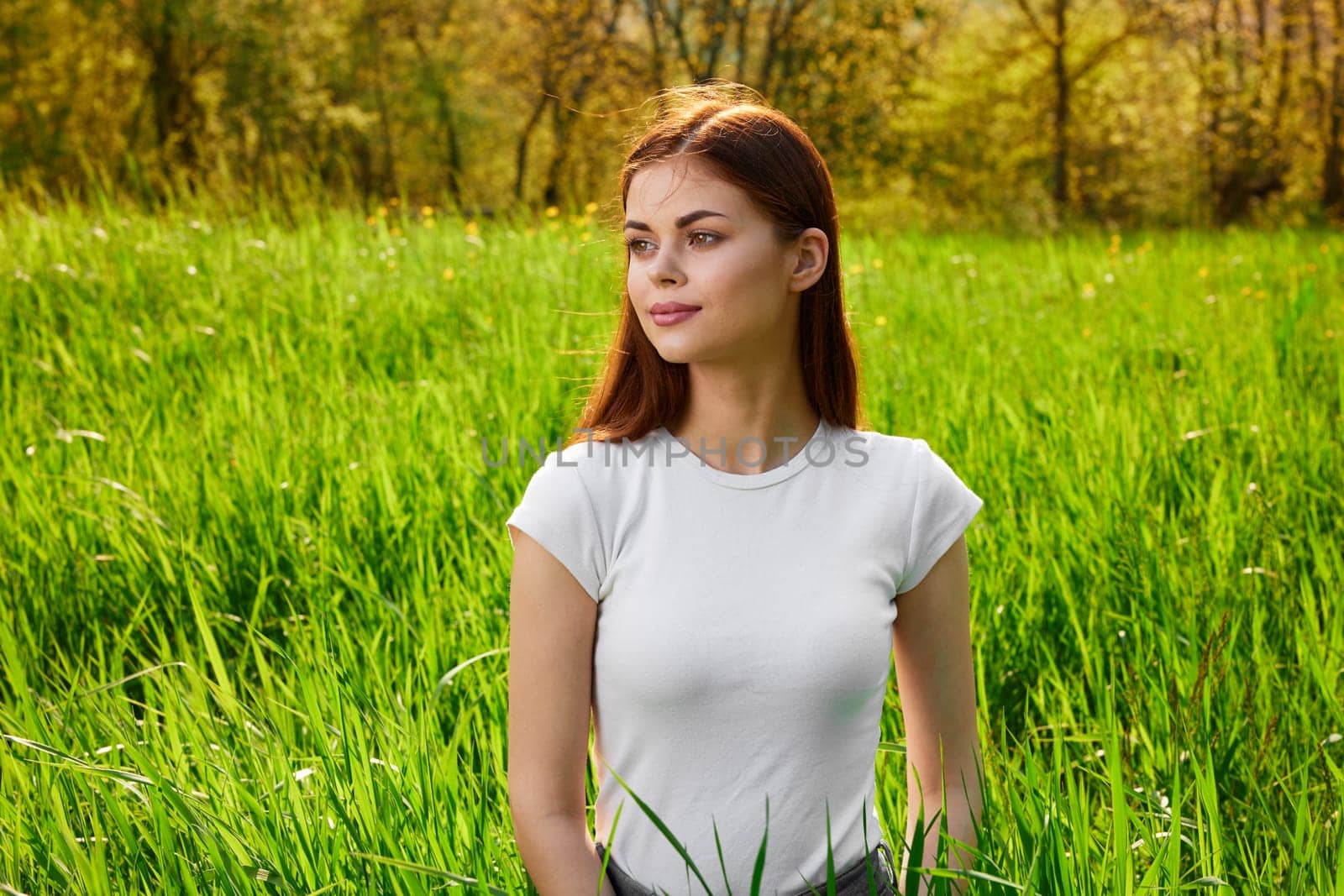 portrait of a woman sitting in tall grass and lit by the sun from the back. High quality photo