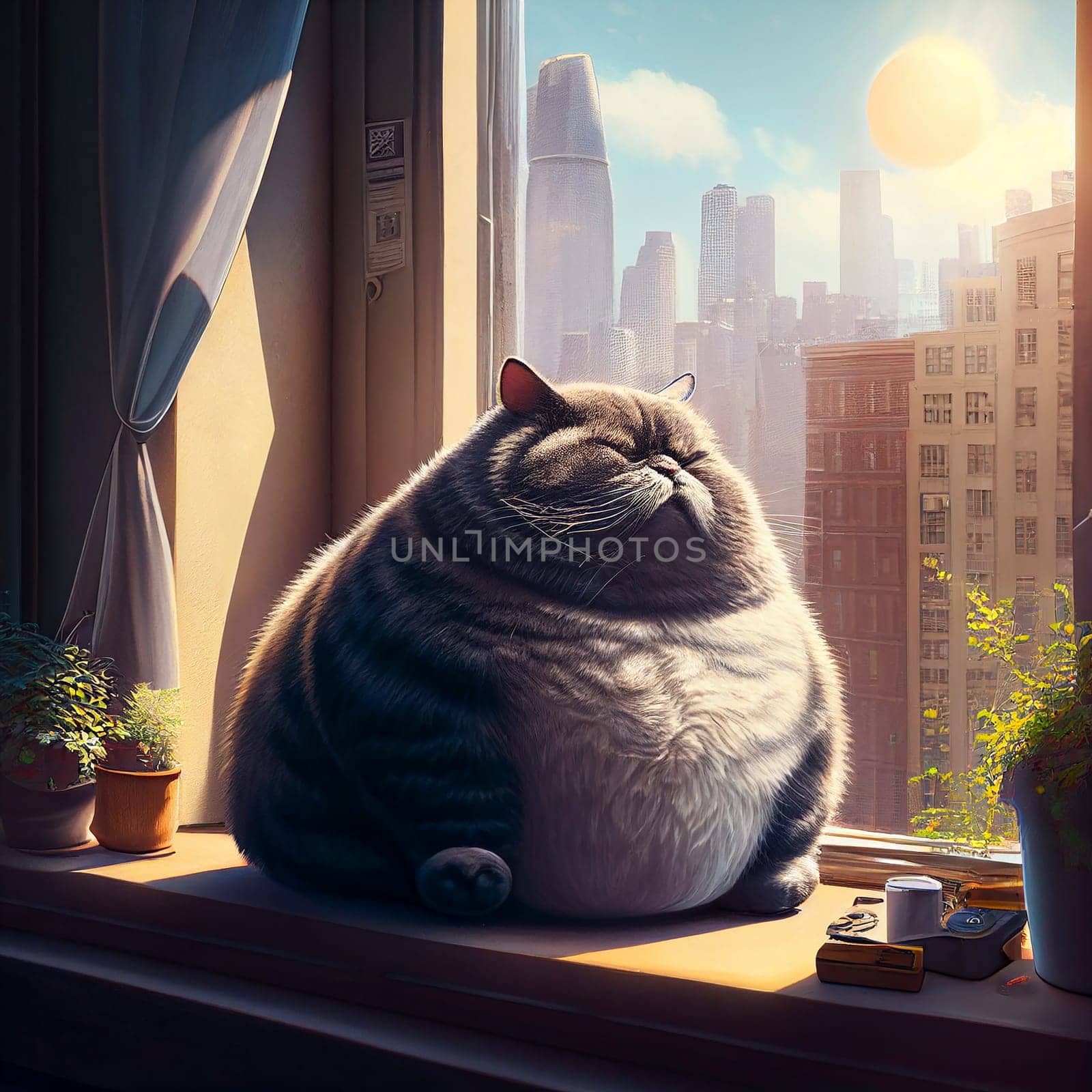 Funny lazy fat cat cartoon looking trough window in appartment, in the city morning light. Pet concept by Annebel146