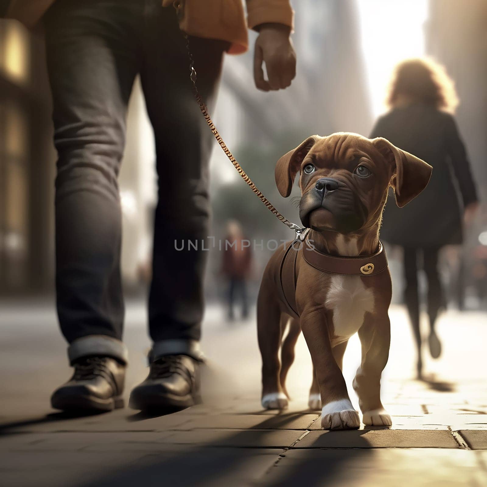 Puppy walking with owner in the city, family, pet, domestic animal, season and people concept happy man with puppy dog walking in city street morning light generative AI
