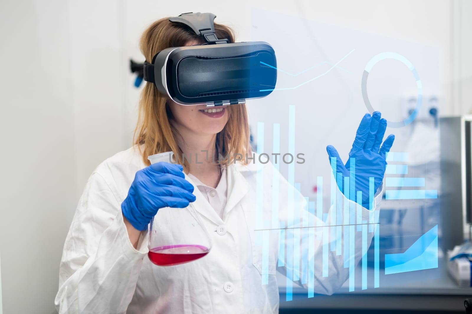 Scientist in VR googles, lab coat and flask flipping through a page of virtual interface with graphs by vladimka