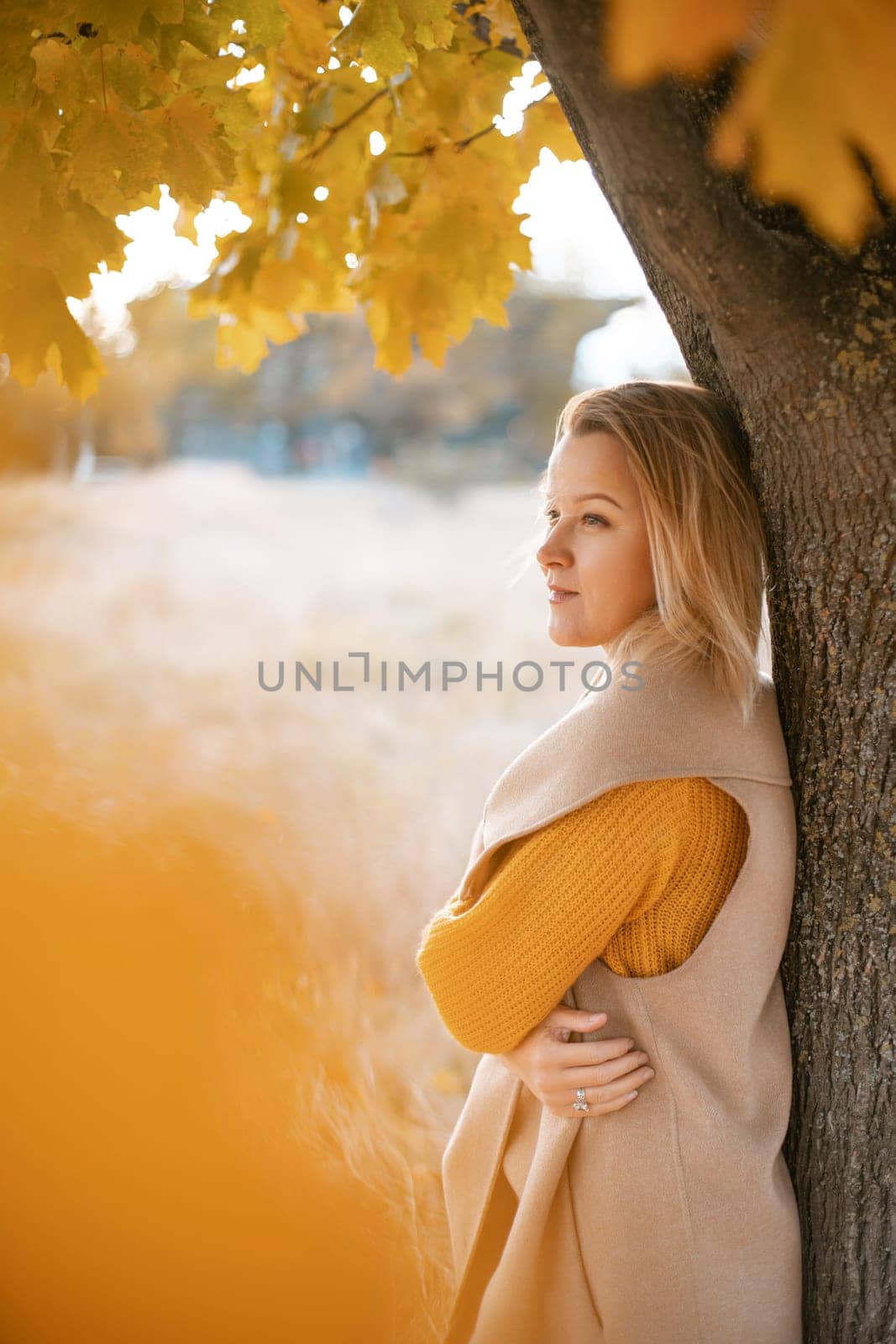 The blonde stands near the autumn tree. Thoughtful woman looks ahead, dressed in a yellow dress. Autumn content by Matiunina