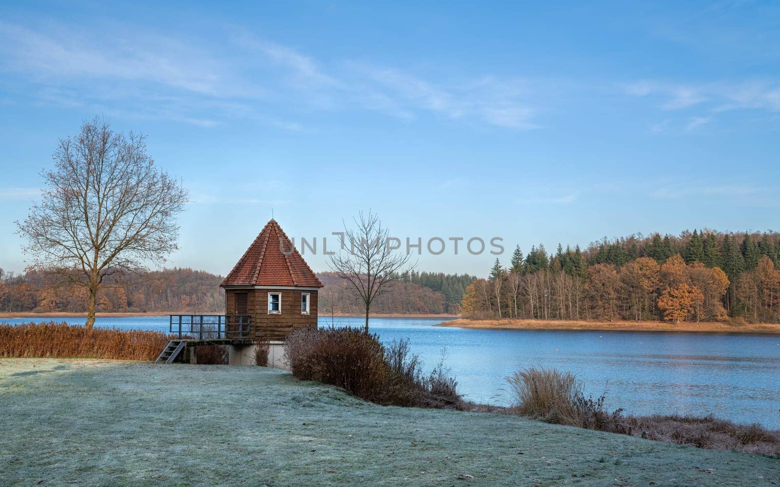 Panoramic image of Kerspe lake close to Marienheide during winter, Bergisches Land, Germany