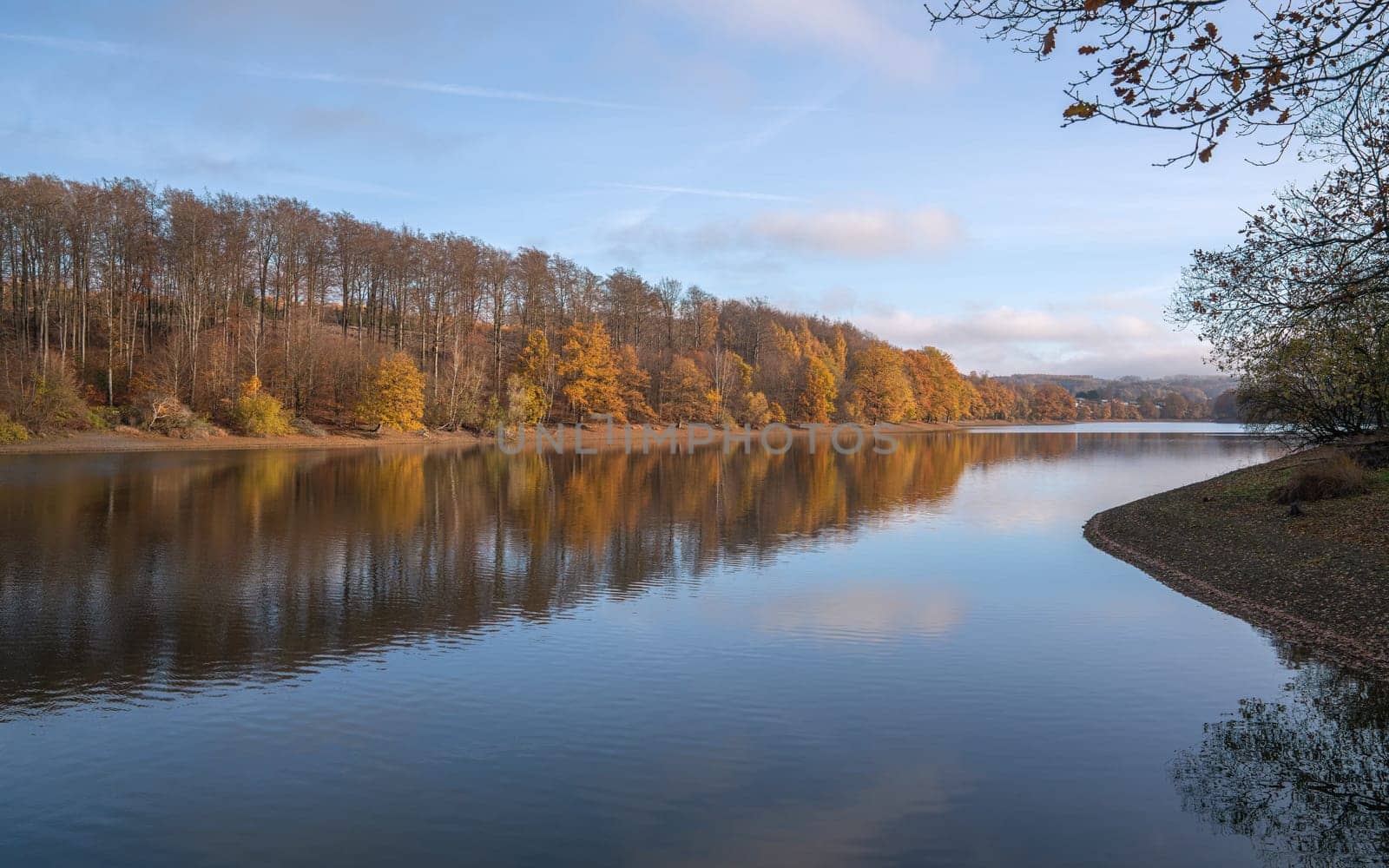 Panoramic image of Lingese lake close to Marienheide in evening light during autumn, Bergisches Land, Germany