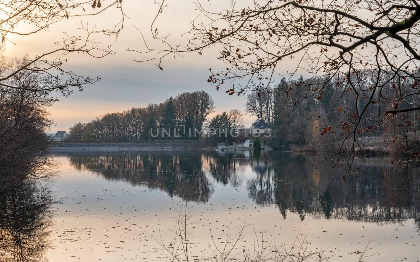 Panoramic image of Silver lake close to Wipperfurth during winter, Bergisches Land, Germany