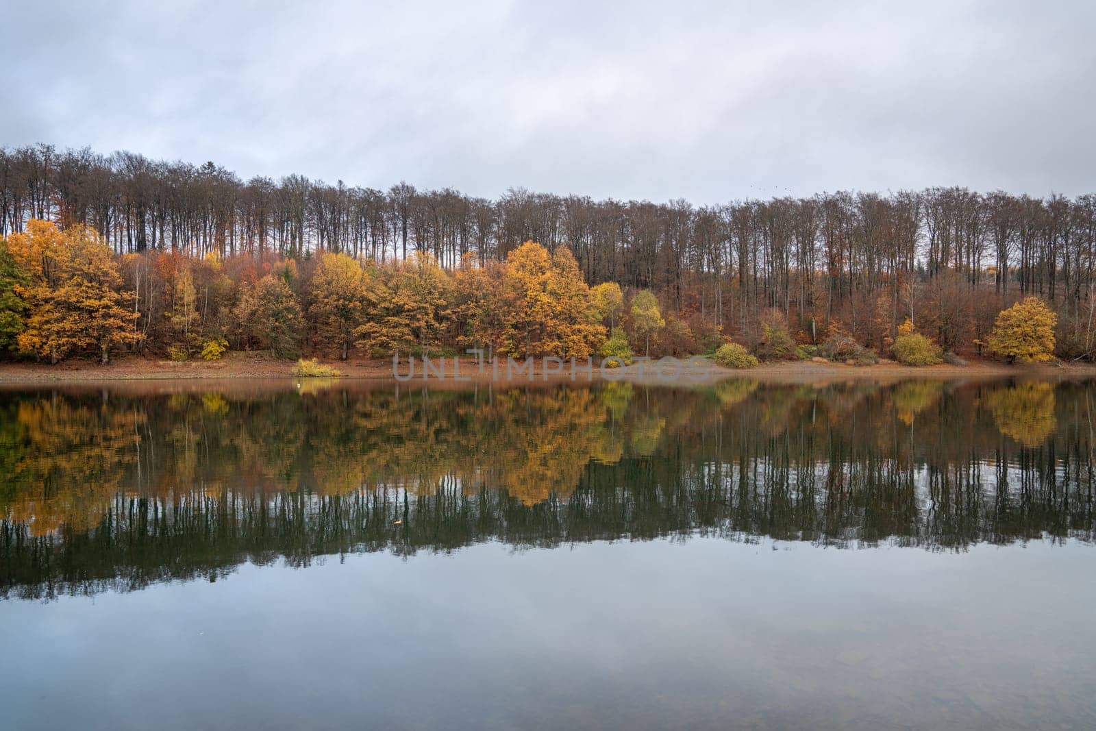 Panoramic image of Lingese lake close to Marienheide in evening light during autumn, Bergisches Land, Germany