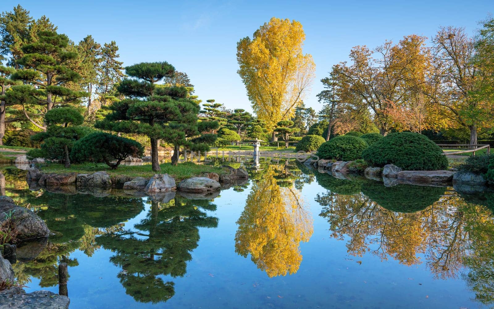 Panoramic image of Japanese Garden during autumn, Dusseldorf, Germany