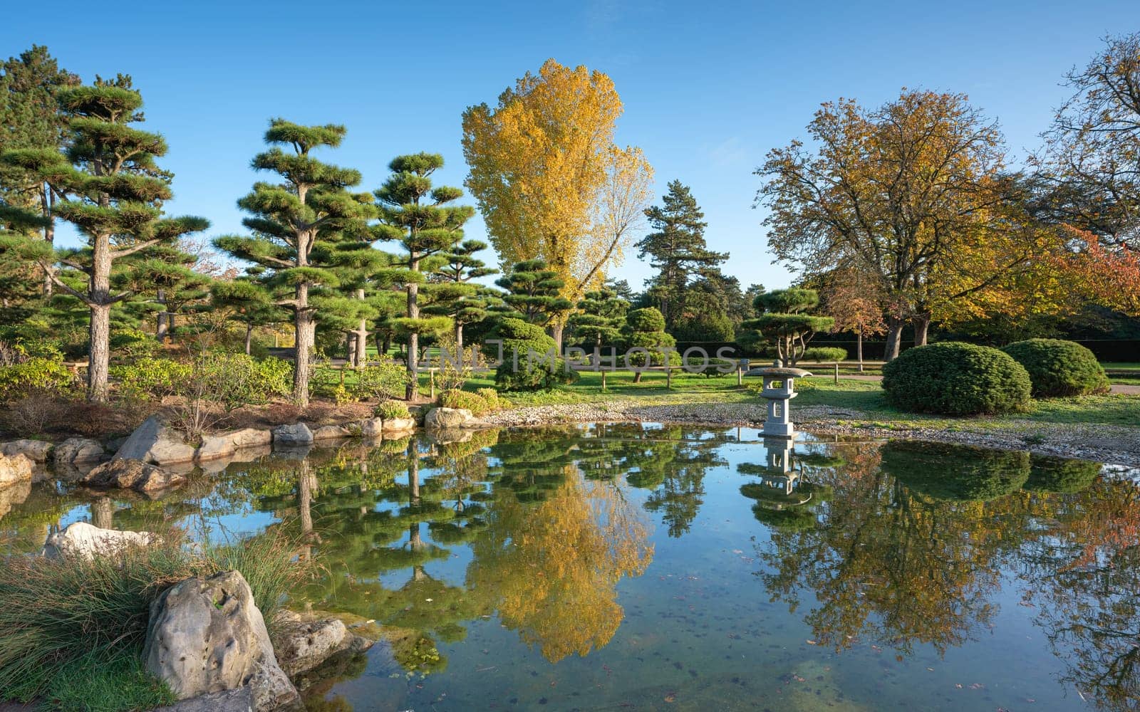 Panoramic image of Japanese Garden during autumn, Dusseldorf, Germany