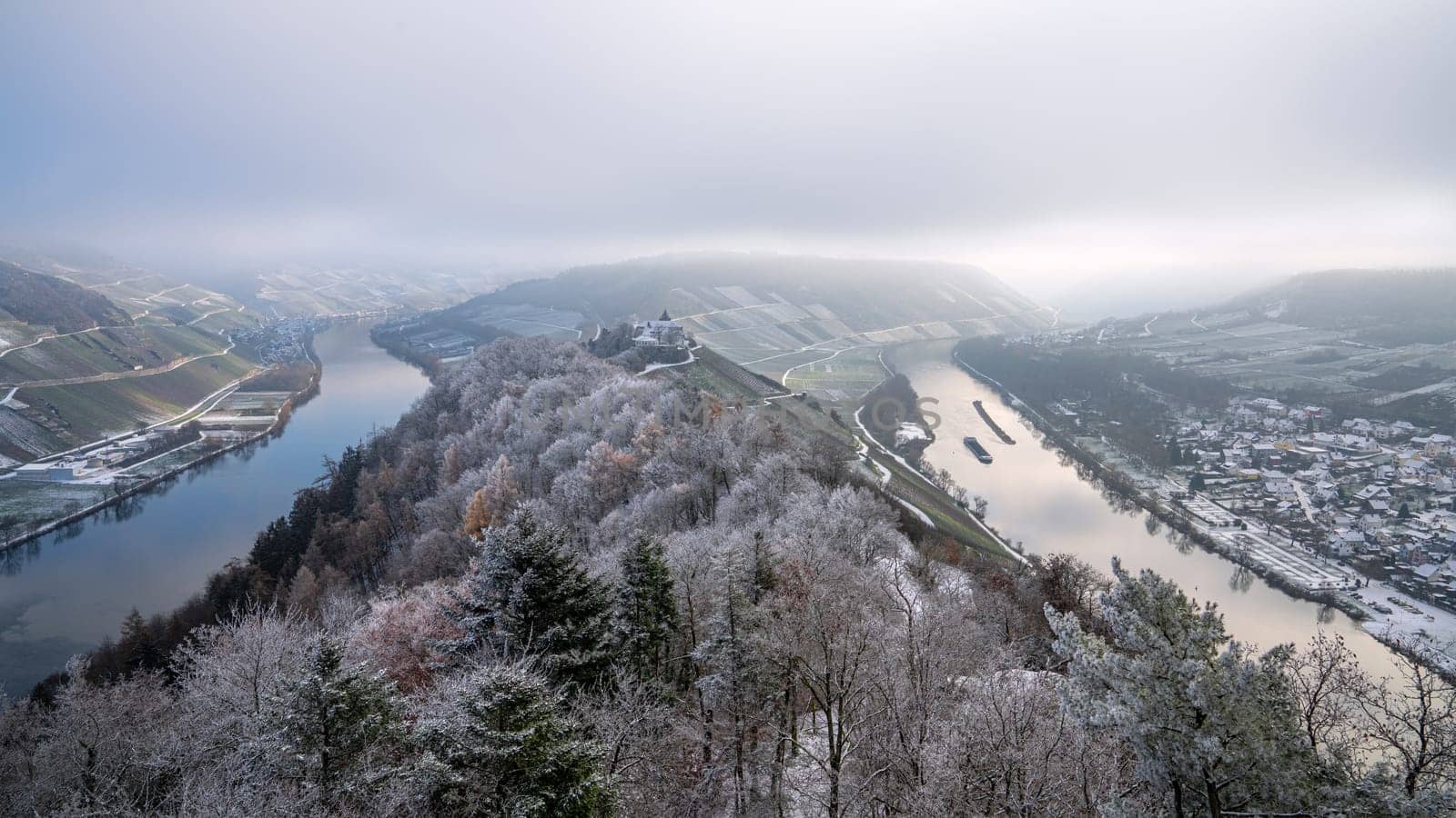 Panoramic image of Moselle river loop close to Zell on a winter day, Rhineland-Palatinate, Germany