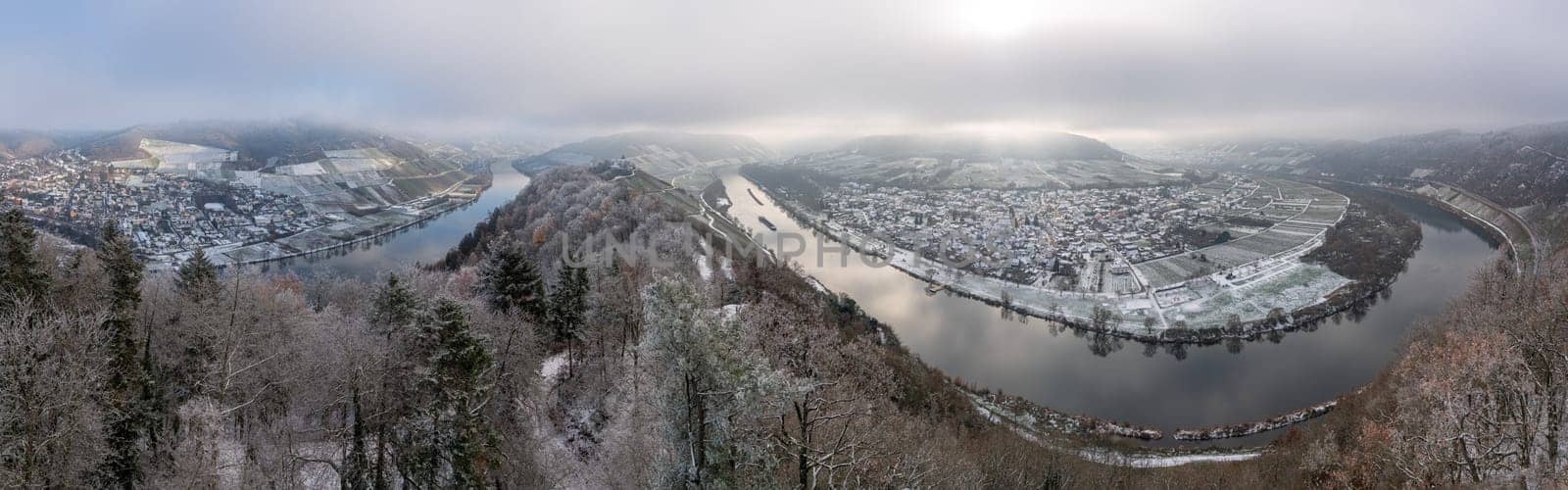 Panoramic image of Moselle river loop close to Zell on a winter day, Rhineland-Palatinate, Germany