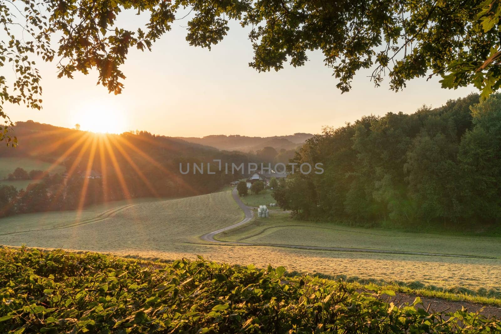 Panoramic image of scenic view on a colorful morning, Bergisches Land, Odenthal, Germany