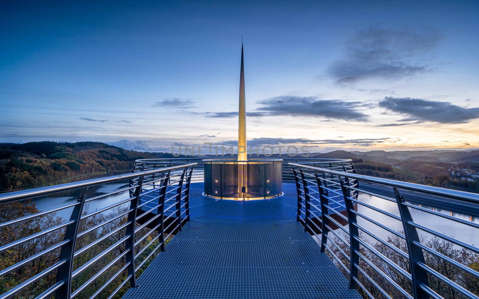 Panoramic image of view point Bigge lake during sunset, recreation and hiking area of Sauerland, Germany