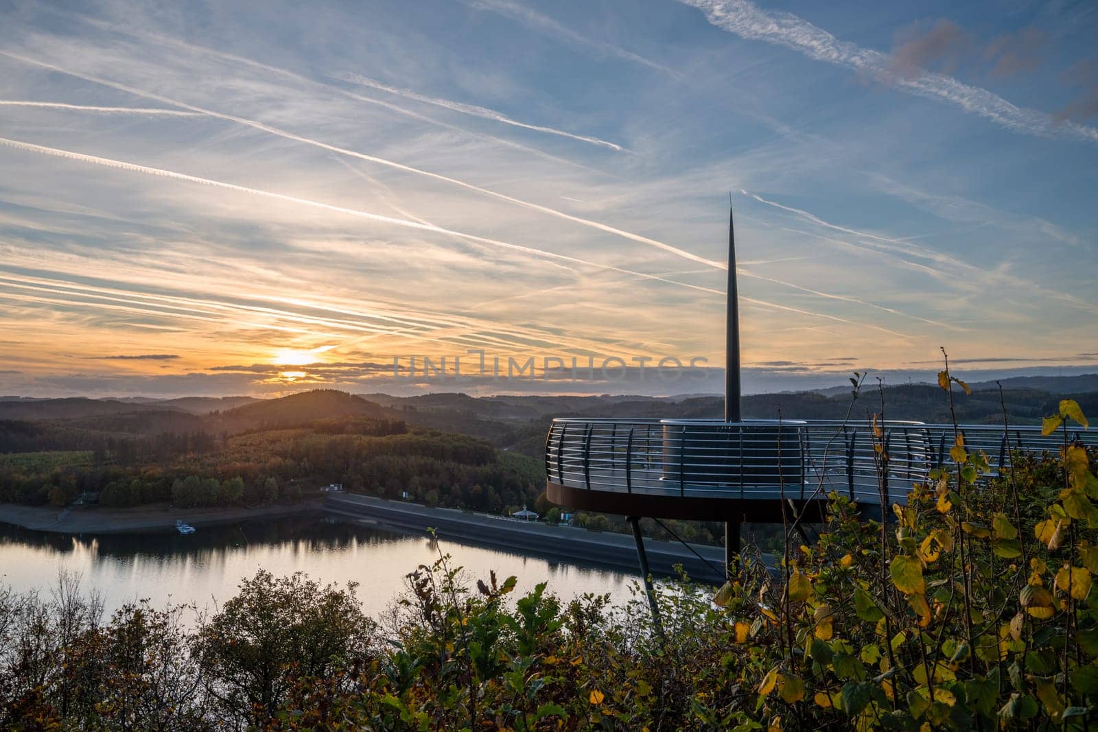 Panoramic image of view point Bigge lake during sunset, recreation and hiking area of Sauerland, Germany