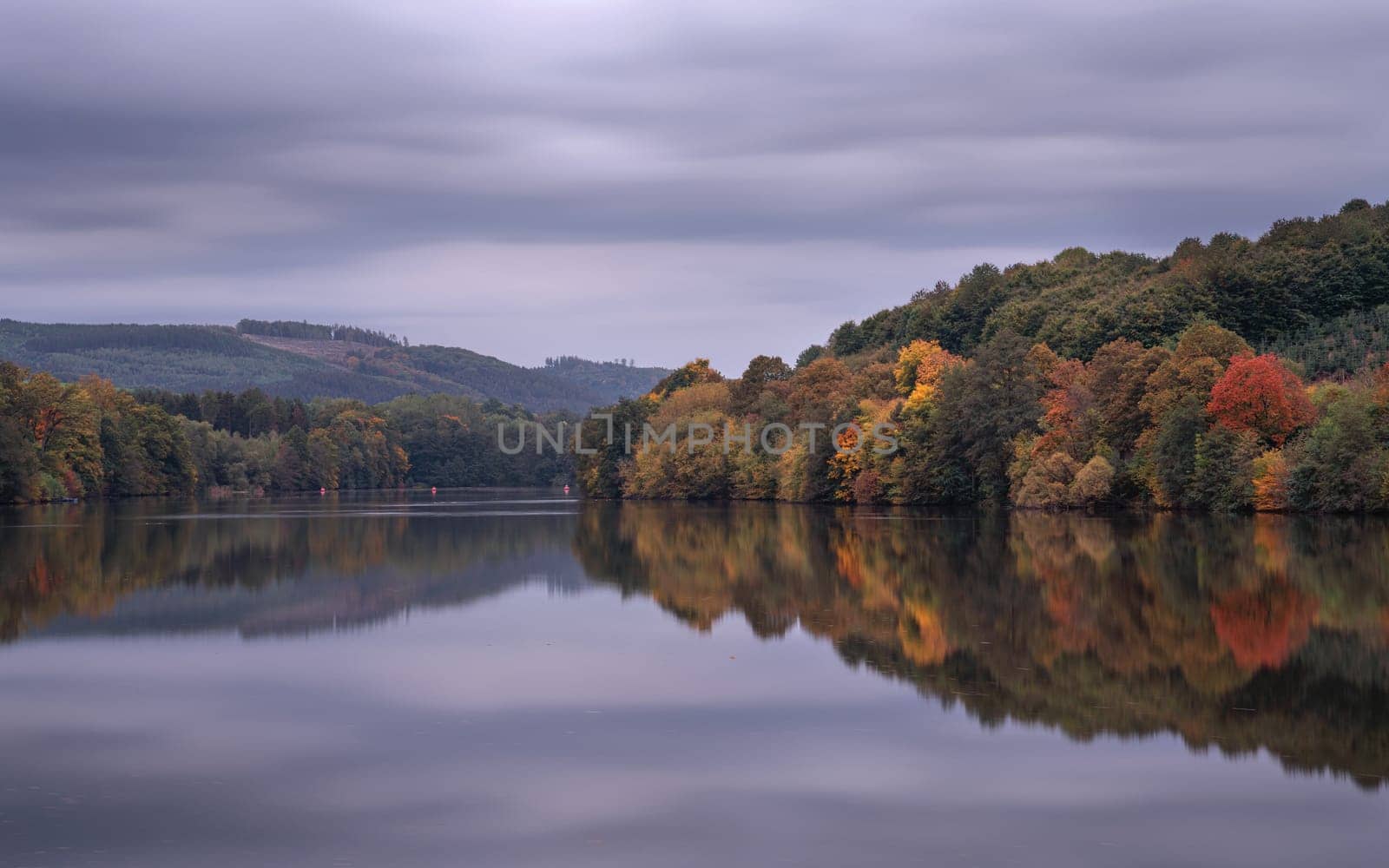 Panoramic image of Lake Henne during autumn, Sauerland, Germany