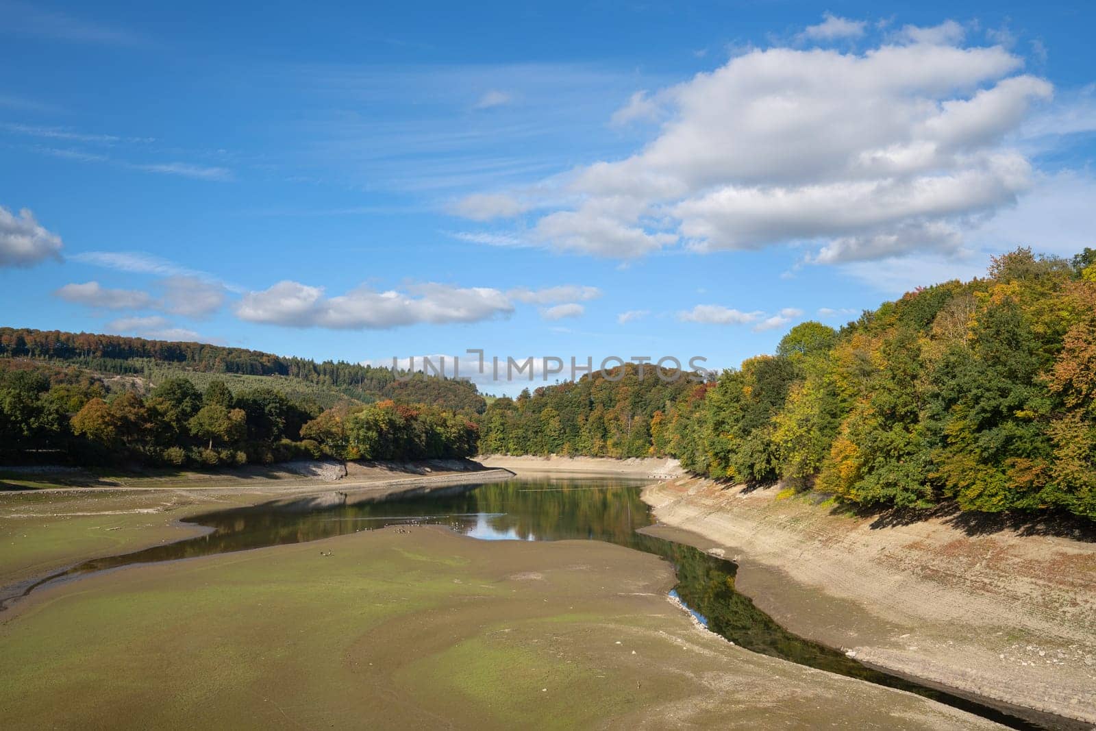 Low water in drinking water reservoir Henne lake, drought in North Rhine Westphalia, Sauerland, Germany