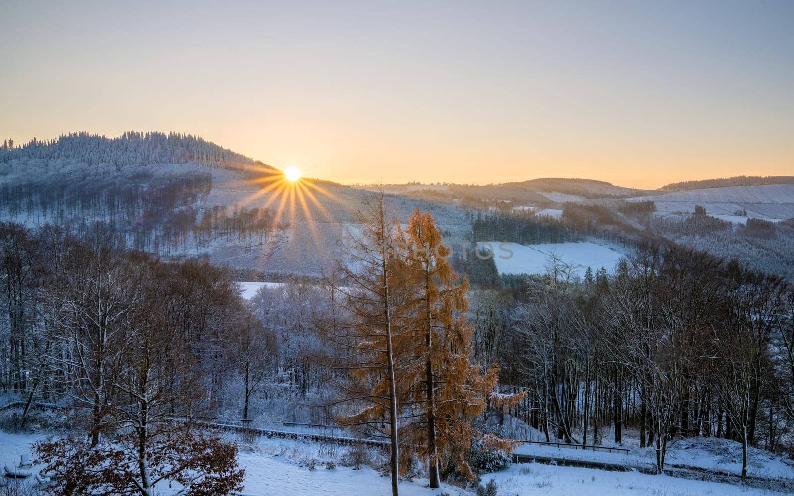 Panoramic image of winter landscape during sunrise, Schmallenberg, Sauerland, Germany