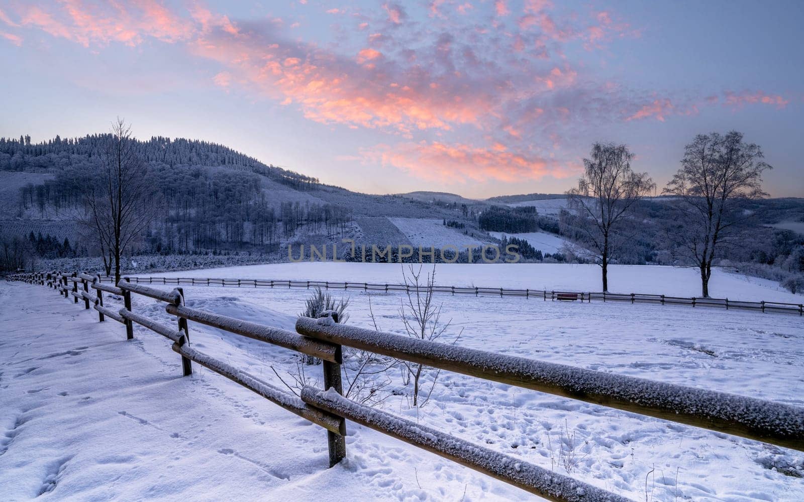 Panoramic image of winter landscape during sunrise, Schmallenberg, Sauerland, Germany