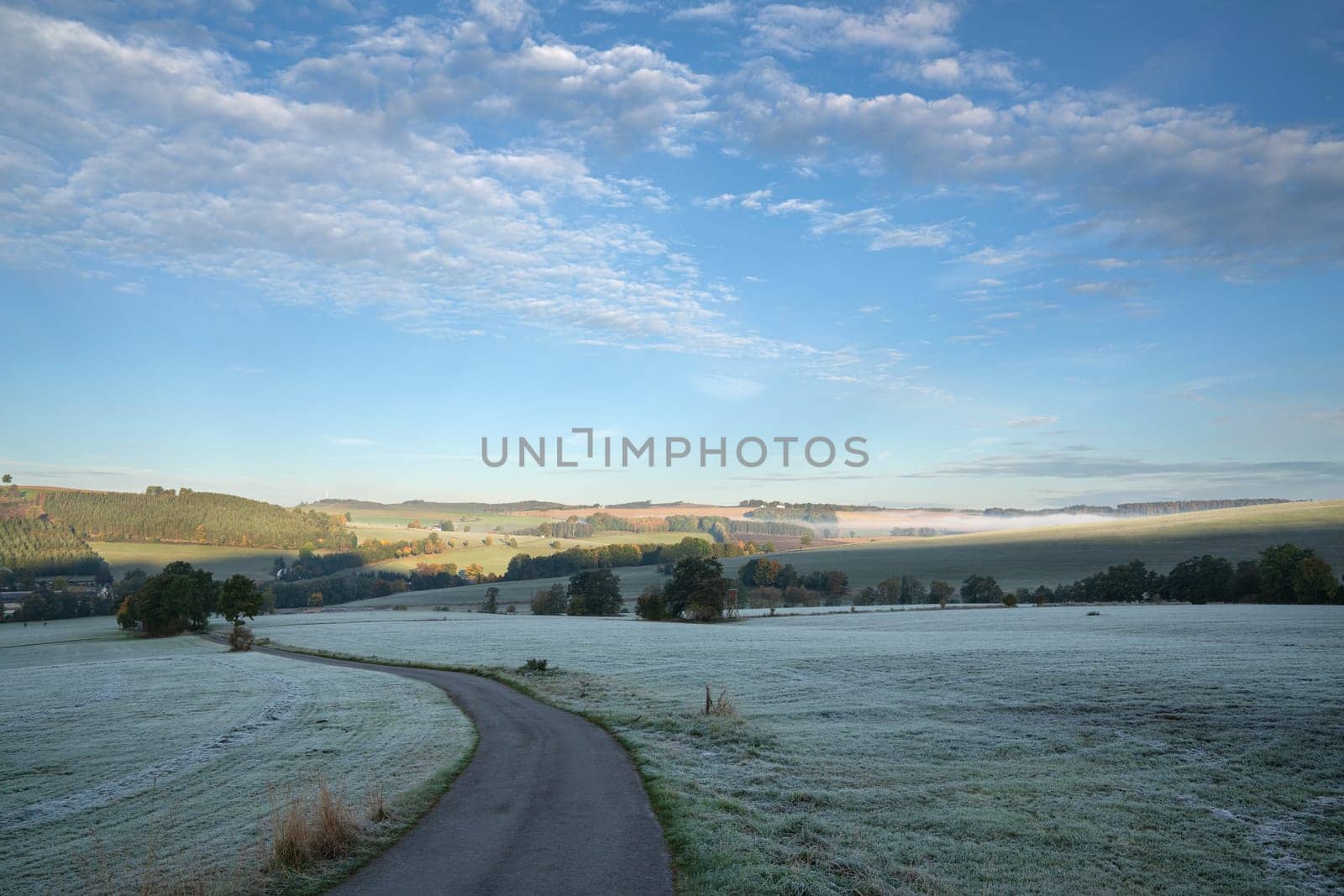 Panoramic landscape image, cold morning during autumn, Sauerland, North Rhine Westphalia, Germany