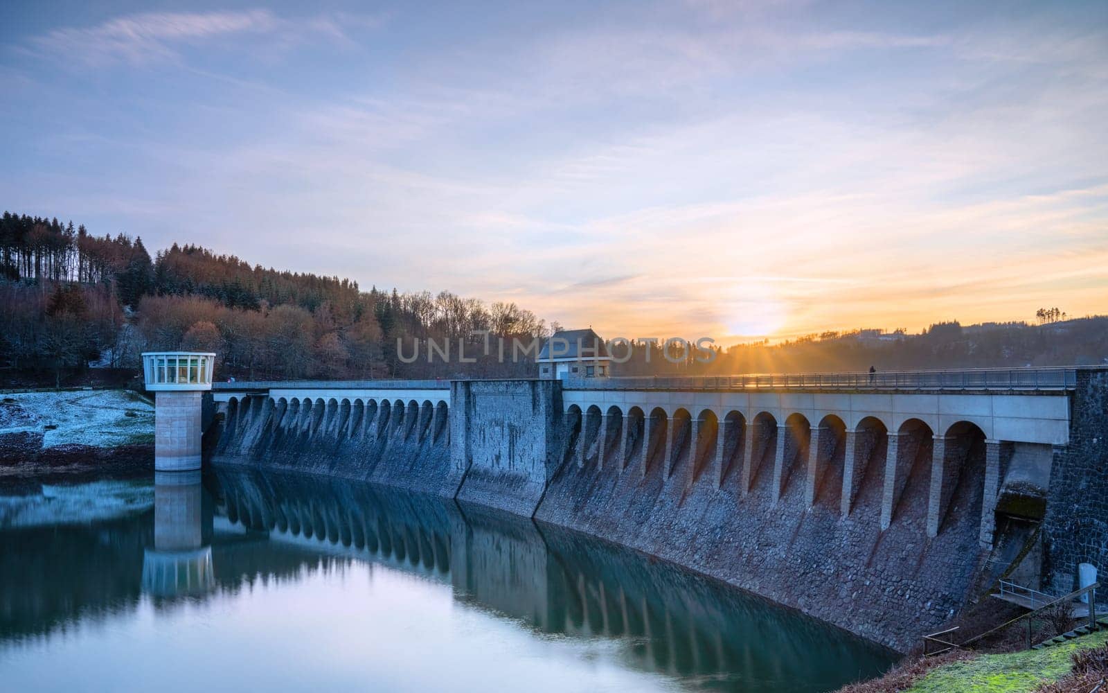 Panoramic image of Lister lake on a cold winter day at sunset, Sauerland, Germany