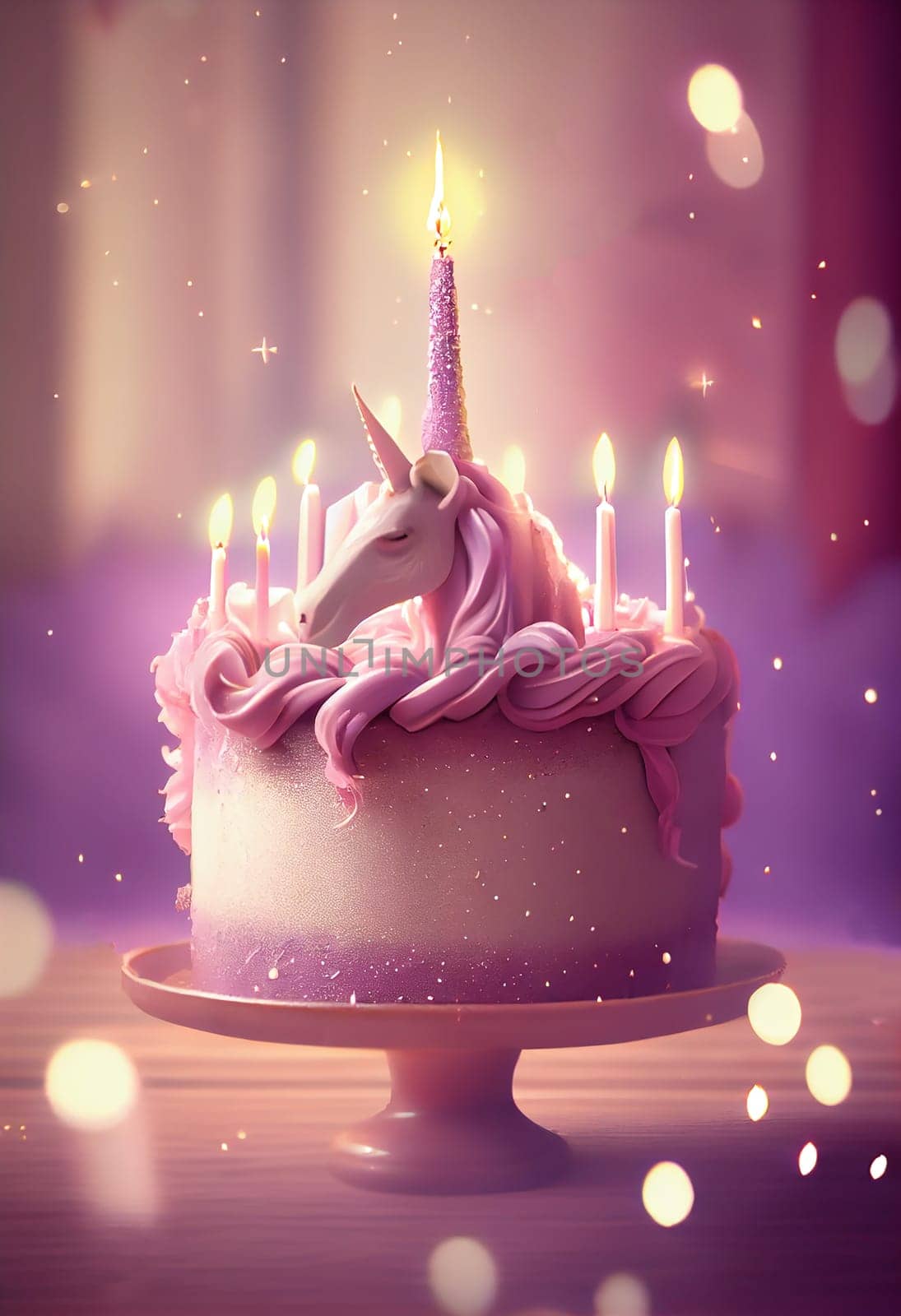 Unicorn cake design with pink frosting with burning candle and sparkling bokeh lights, birthday, little girls concept Generative AI