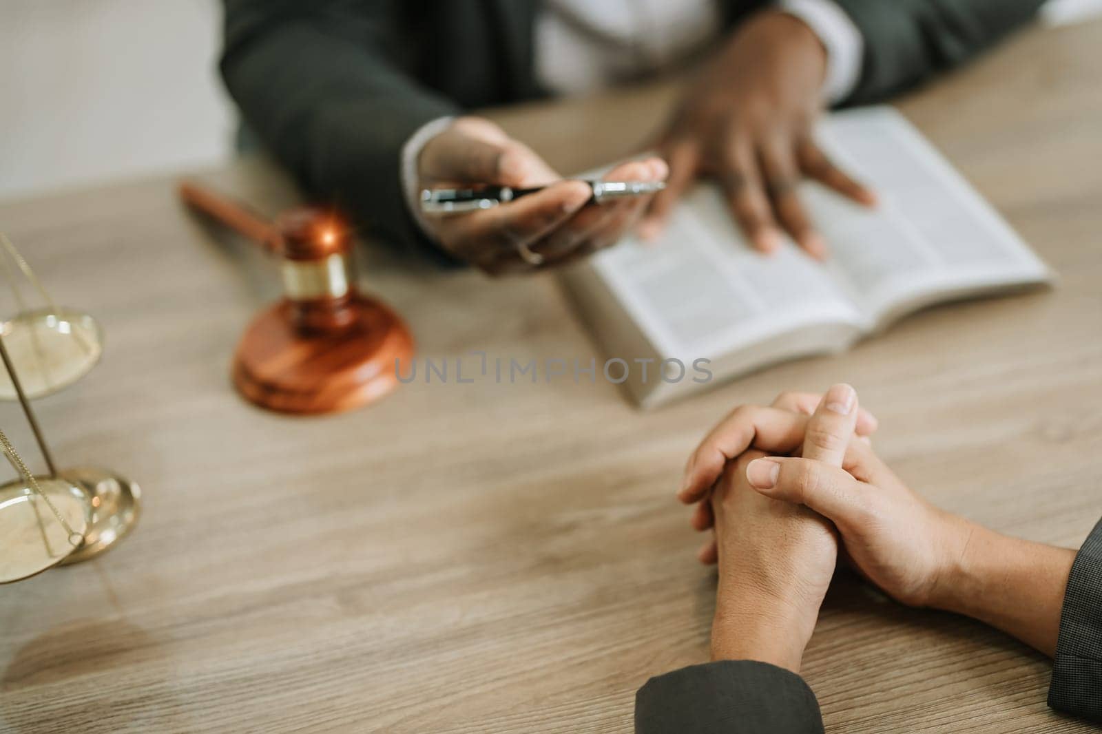 african american attorney, lawyers discussing contract or business agreement at law firm office, Business people making deal document legal, justice advice service concepts.