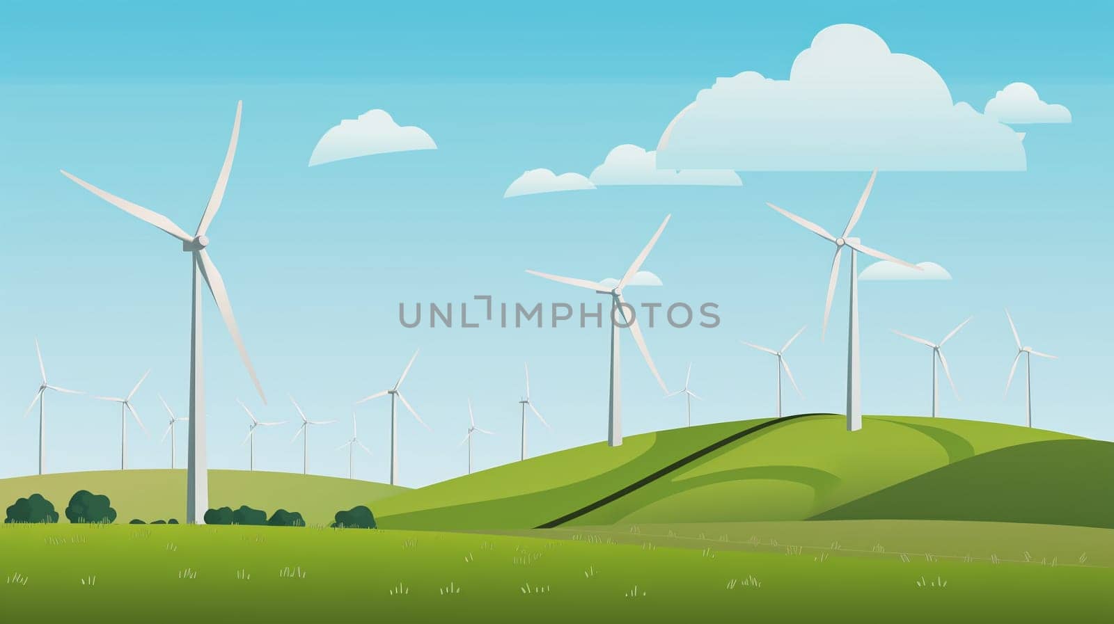 A wind farm peacefully generates electricity, its turbines beautifully blending in with the surrounding grassland and blue sky. AI Generated