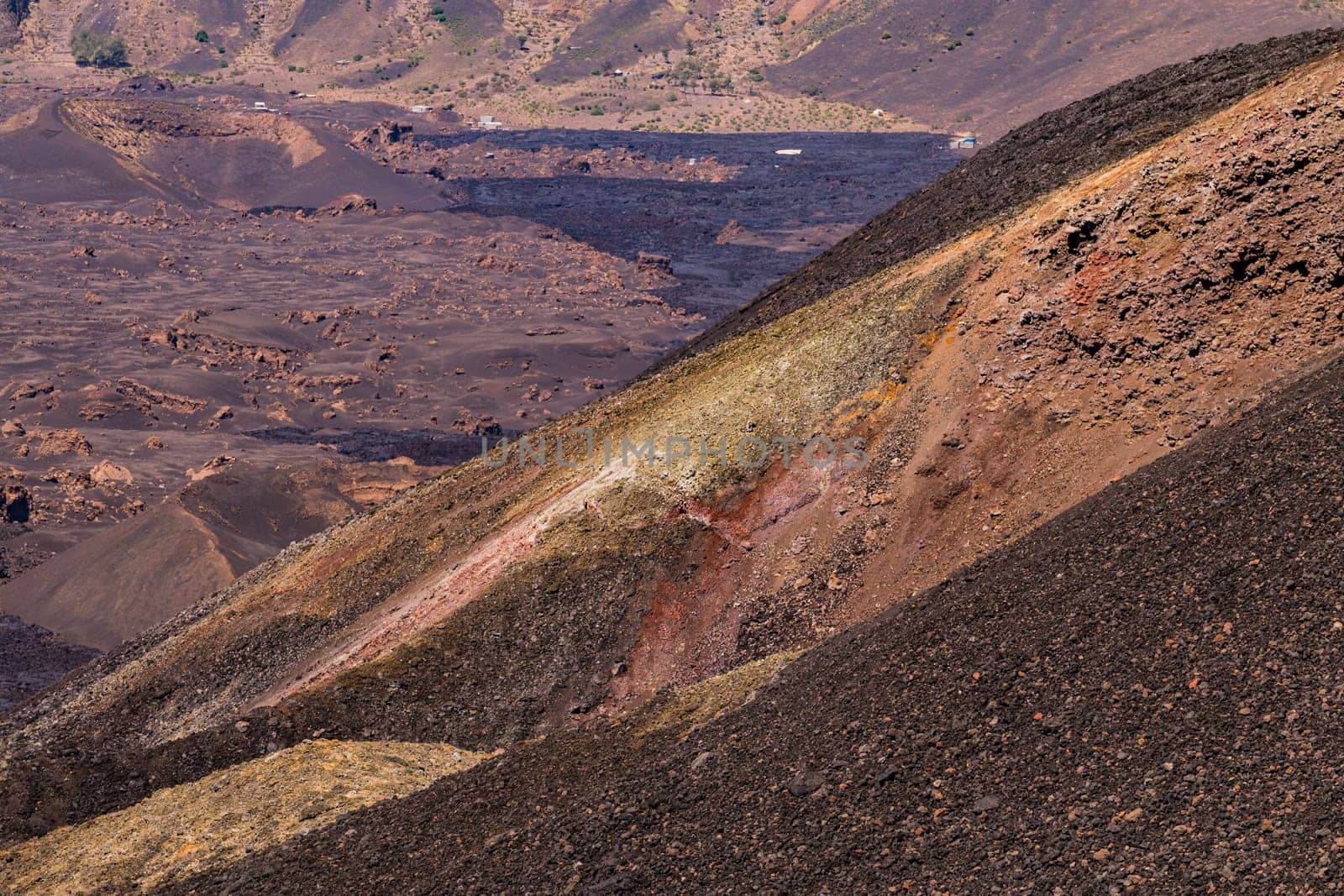 View of the colored lava of the 2014 newly created Pico Pequeno at Pico do Fogo on the Cape Verde Islands