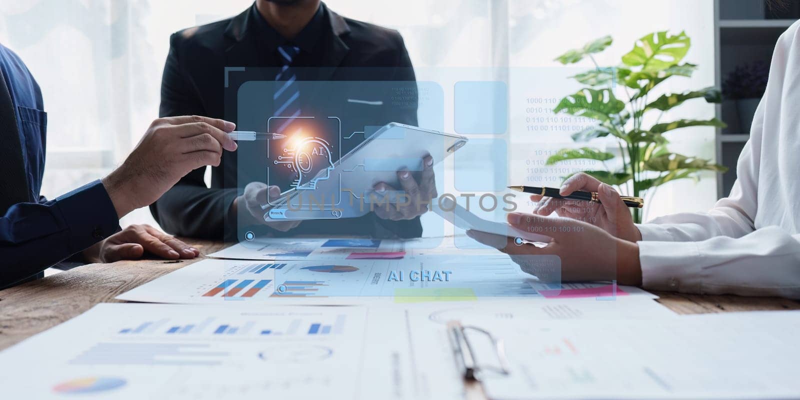 Group of Business people using AI to help and analysis and research finance data. Artificial Intelligence, Futuristic technology transformation concept by itchaznong