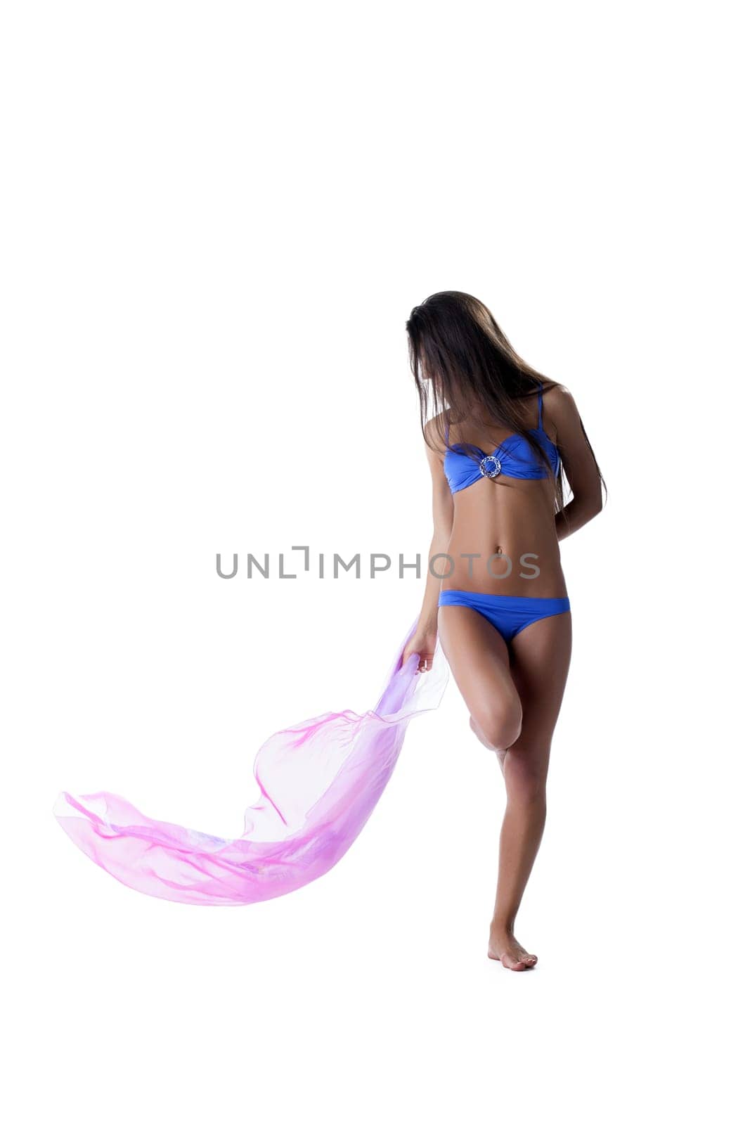 Image of slim athletic model advertises beachwear, isolated on white