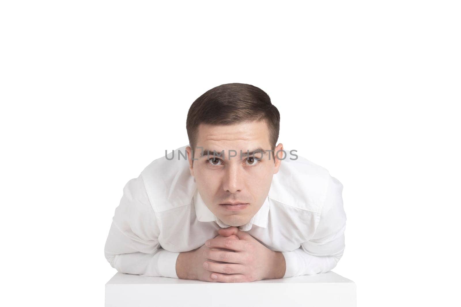 man in a white shirt looks with surprised eyes , business, analysis, cryptocurrencies