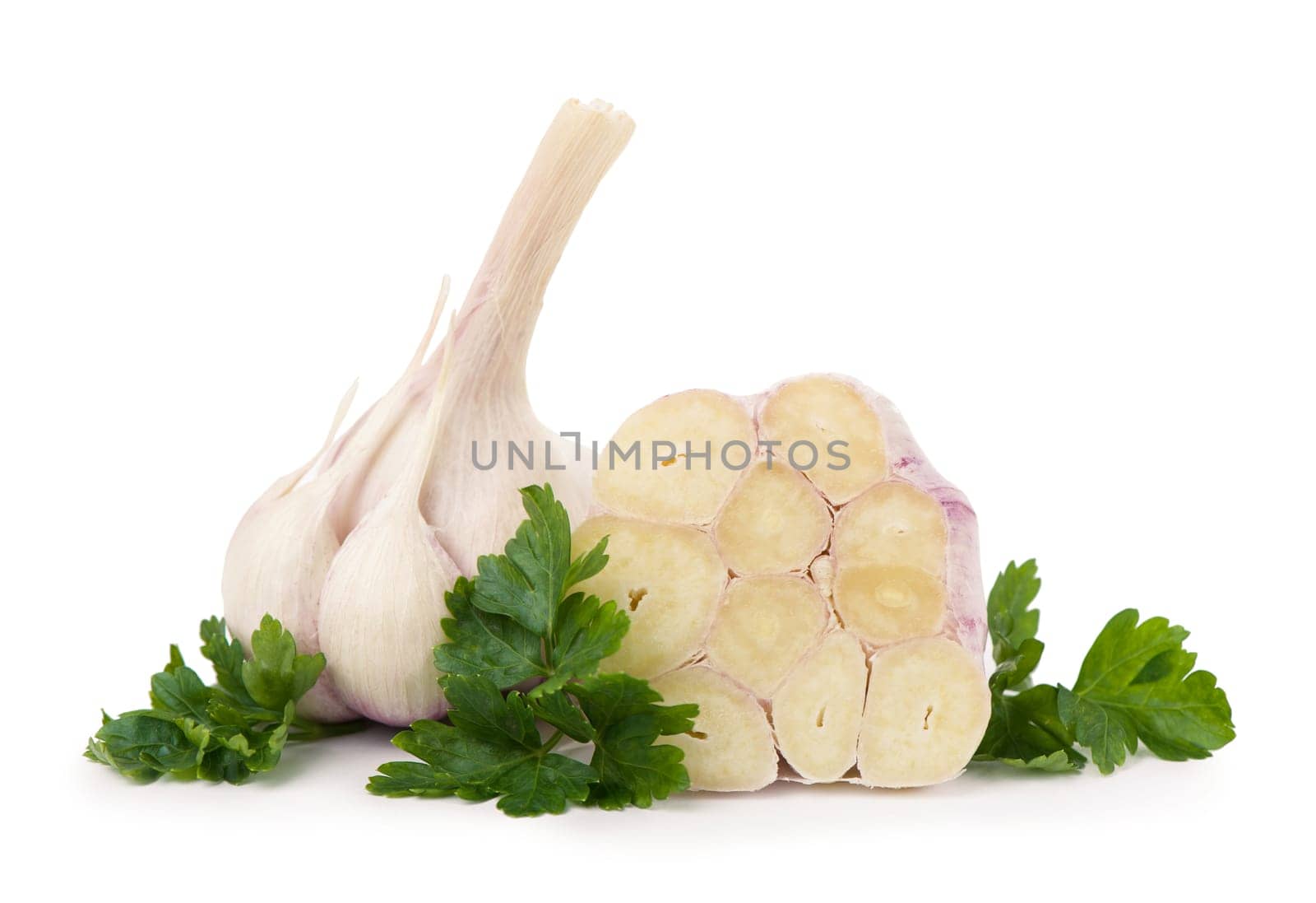 cut garlic on white background Head of young garlic with garlic cloves and parsley leaf isolated on white background.