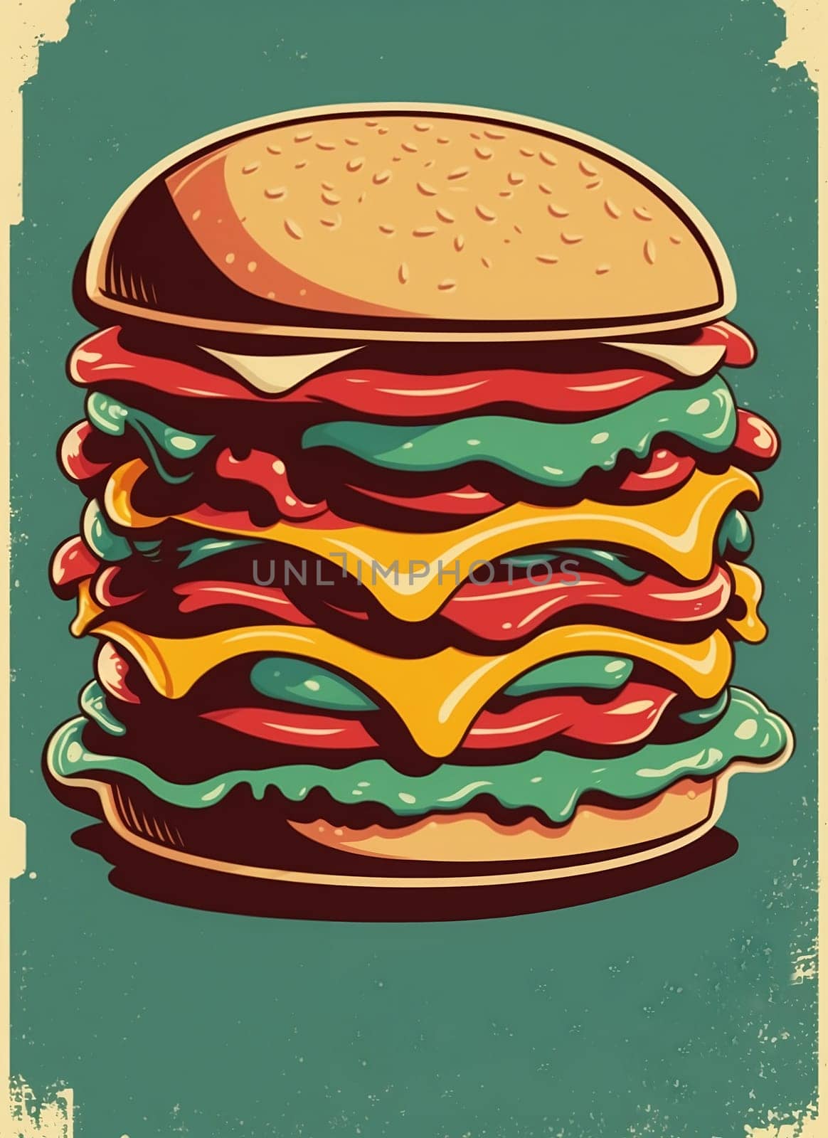 Vintage retro poster from 50s, 60s. Fast food, burger, cheeseburger delivery. Grunge poster Illustration