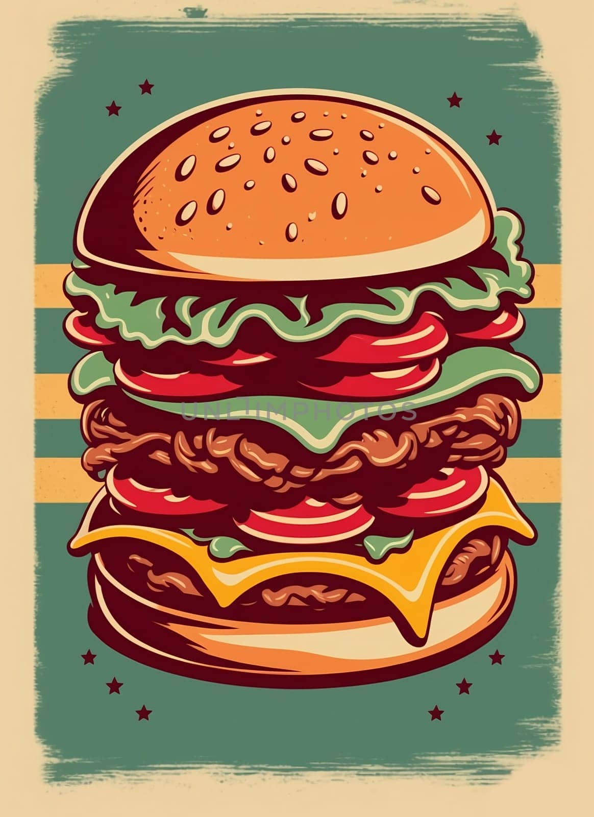 Vintage retro poster from 50s, 60s. Fast food, burger, cheeseburger delivery. Grunge poster Illustration