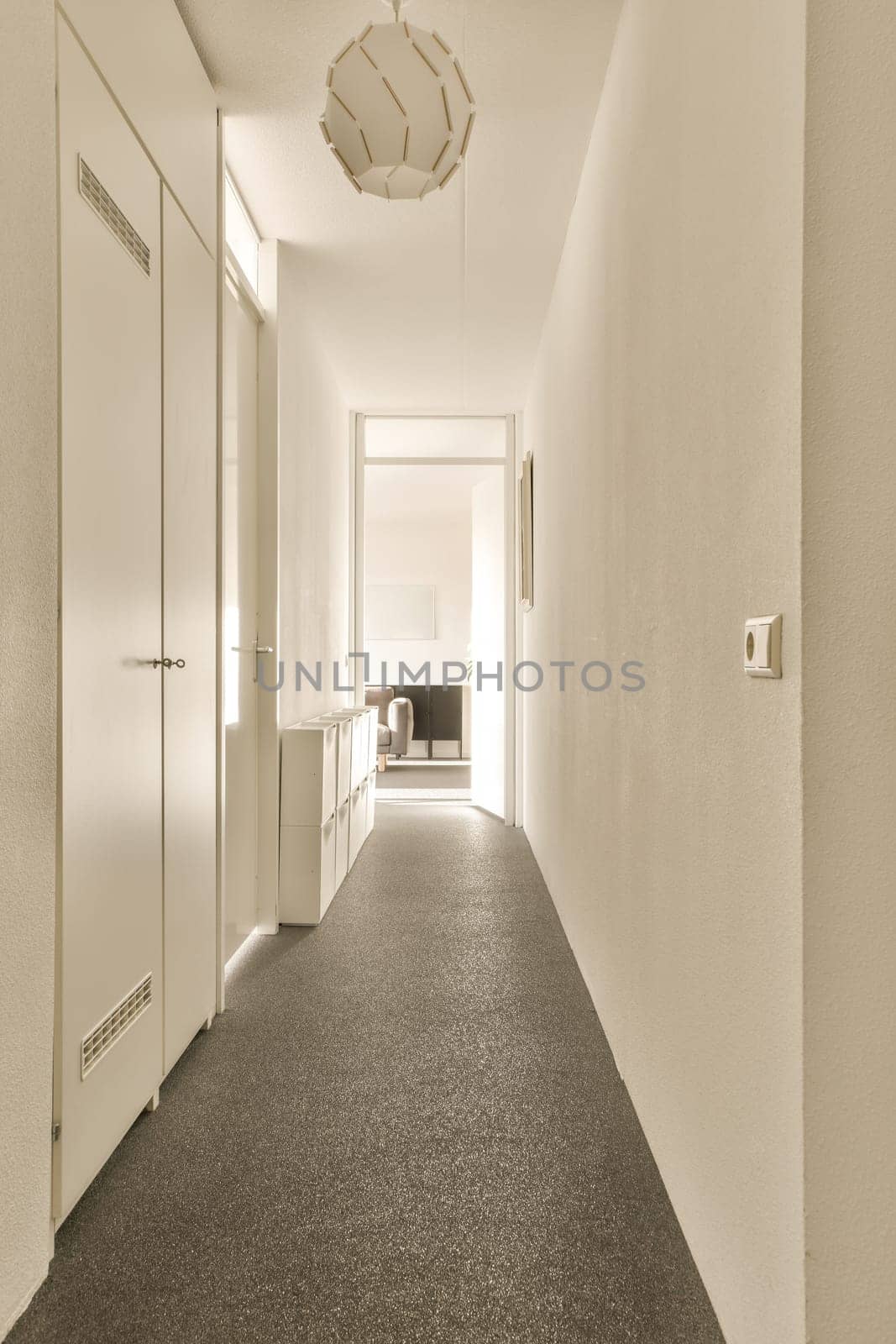 a hallway with a carpeted floor and white doors by casamedia